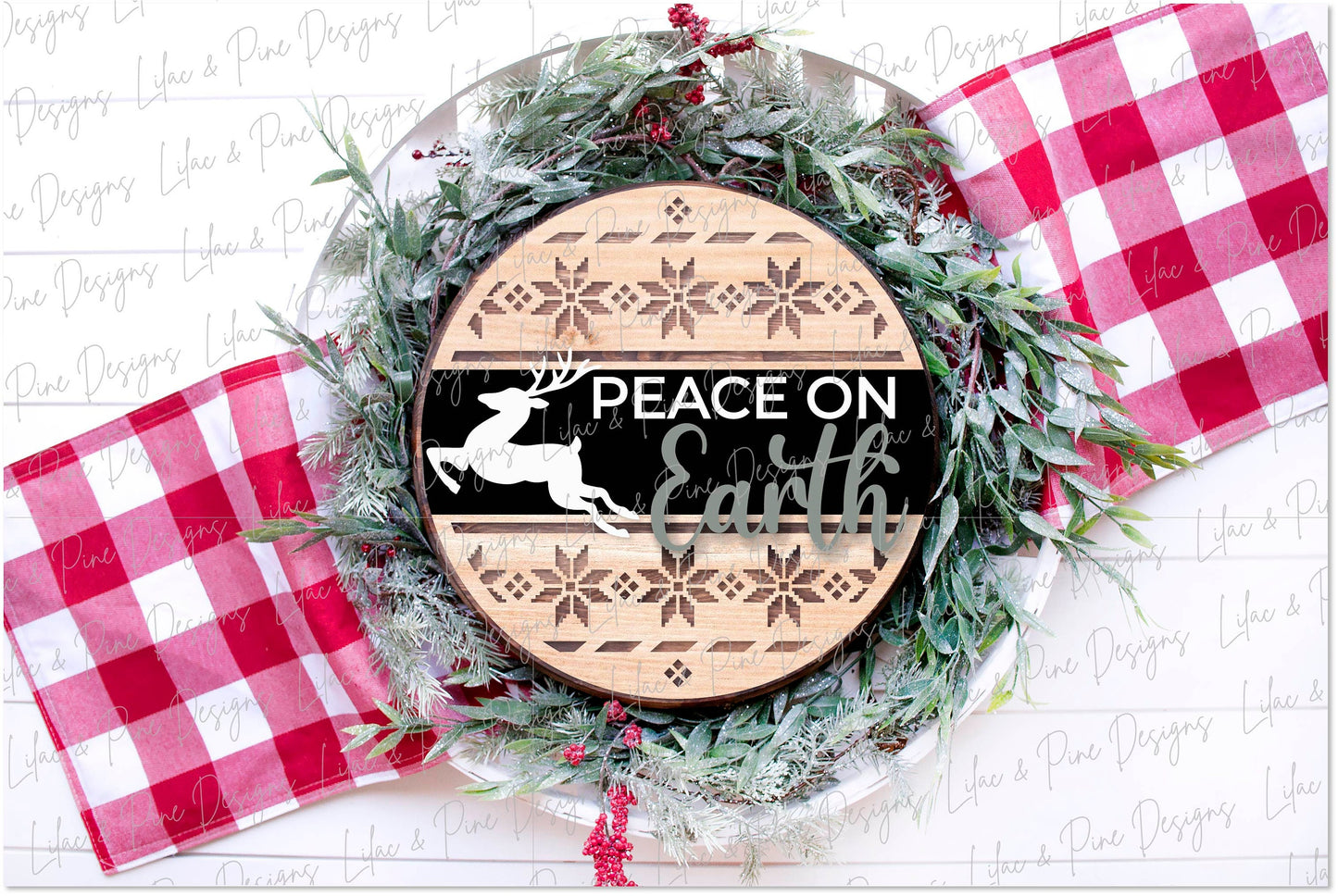 Peace on Earth door hanger, Nordic Christmas SVG, Reindeer sign SVG,  Christmas Welcome svg, Alpine pattern, laser cut file, Glowforge SVG