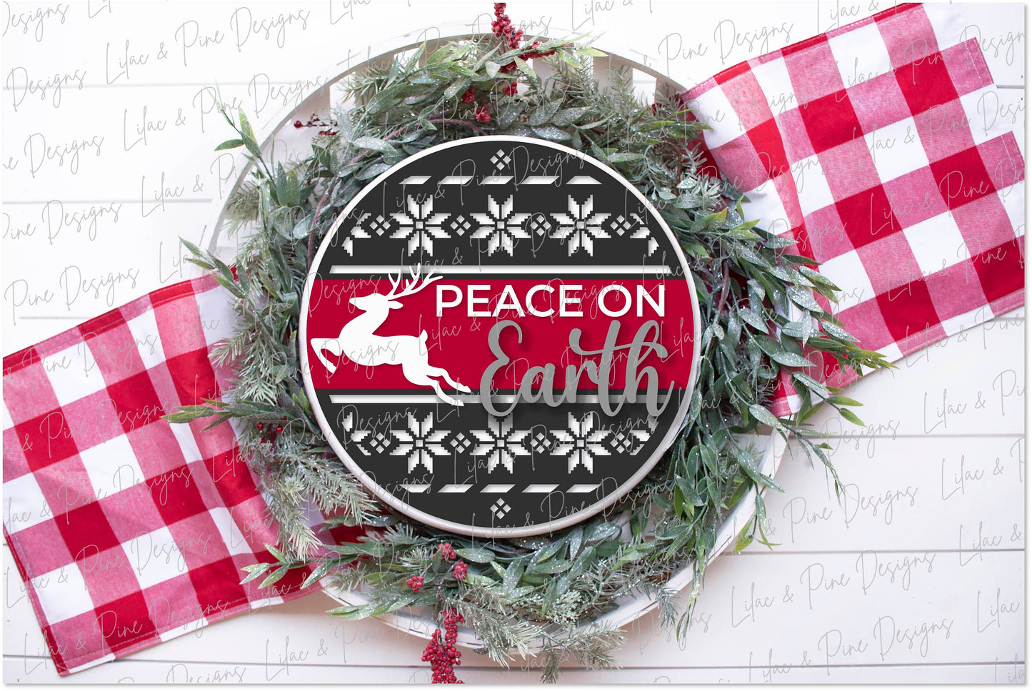 Peace on Earth door hanger, Nordic Christmas SVG, Reindeer sign SVG,  Christmas Welcome svg, Alpine pattern, laser cut file, Glowforge SVG