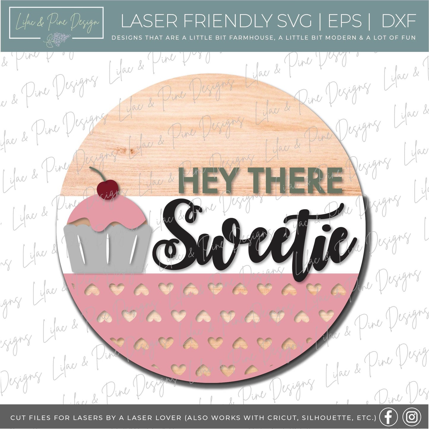 Hey There Sweetie sign SVG, Valentine door hanger, cupcake door round svg, heart pattern, Valentine door decor, Glowforge file, laser svg