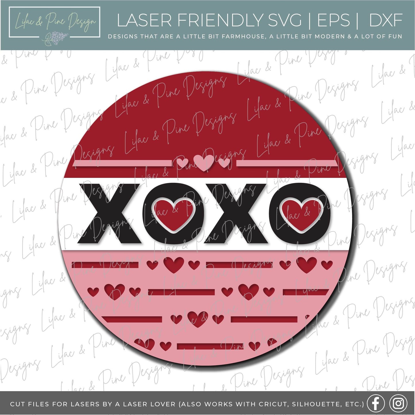 XOXO round sign SVG, Valentine door hanger, hugs and kisses door round svg, heart pattern, Valentine decor, Glowforge file, laser svg