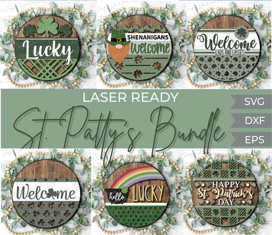 St Patricks Day door hanger bundle, St Pattys sign SVG, Shamrock svg, Leprechaun gnome SVG, plaid sign, Glowforge files, laser cut file