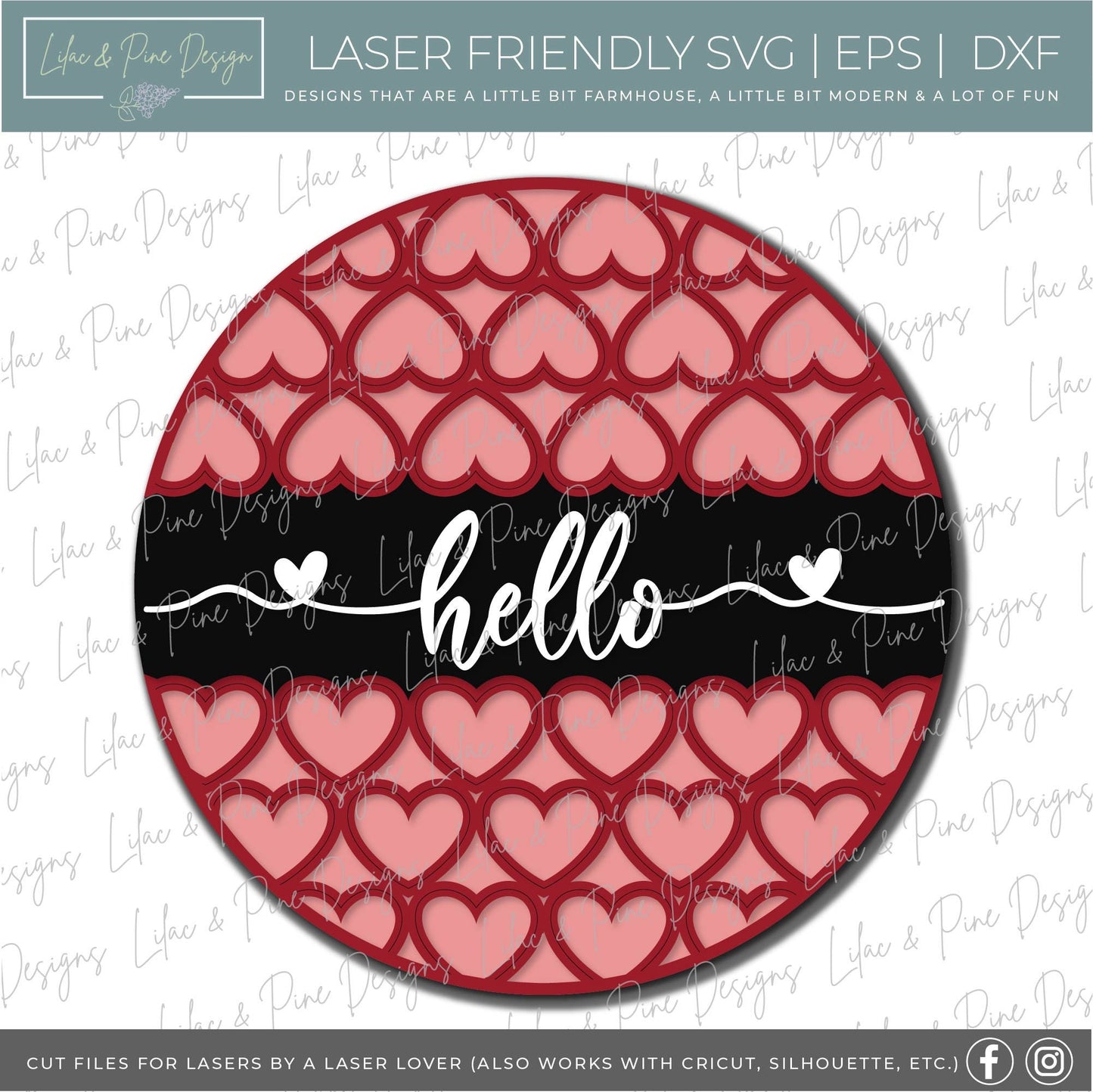 hello Valentine sign SVG, Valentine Welcome door hanger, heart pattern door round SVG, Valentines Day decor, Glowforge file, laser svg