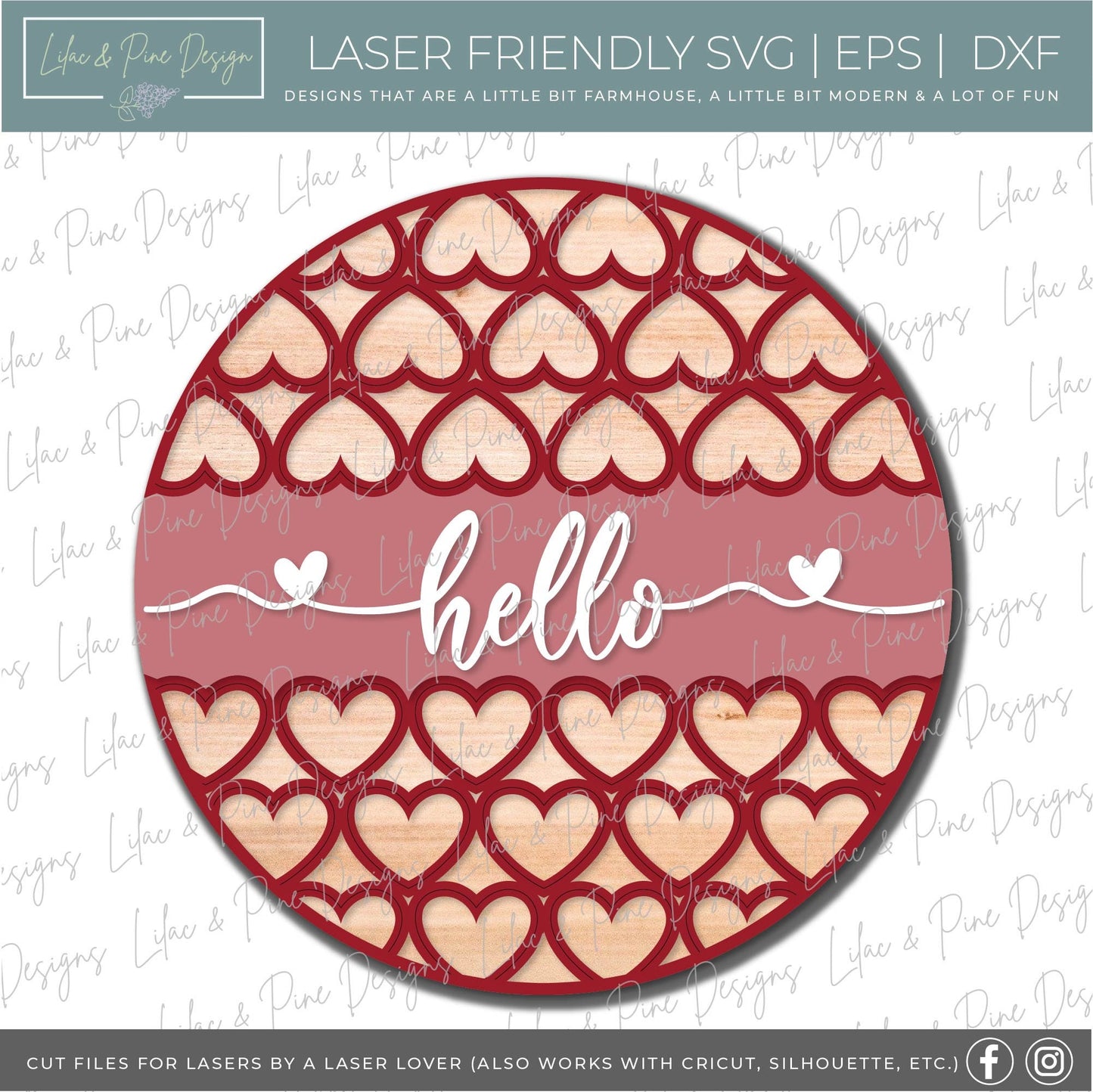 hello Valentine sign SVG, Valentine Welcome door hanger, heart pattern door round SVG, Valentines Day decor, Glowforge file, laser svg