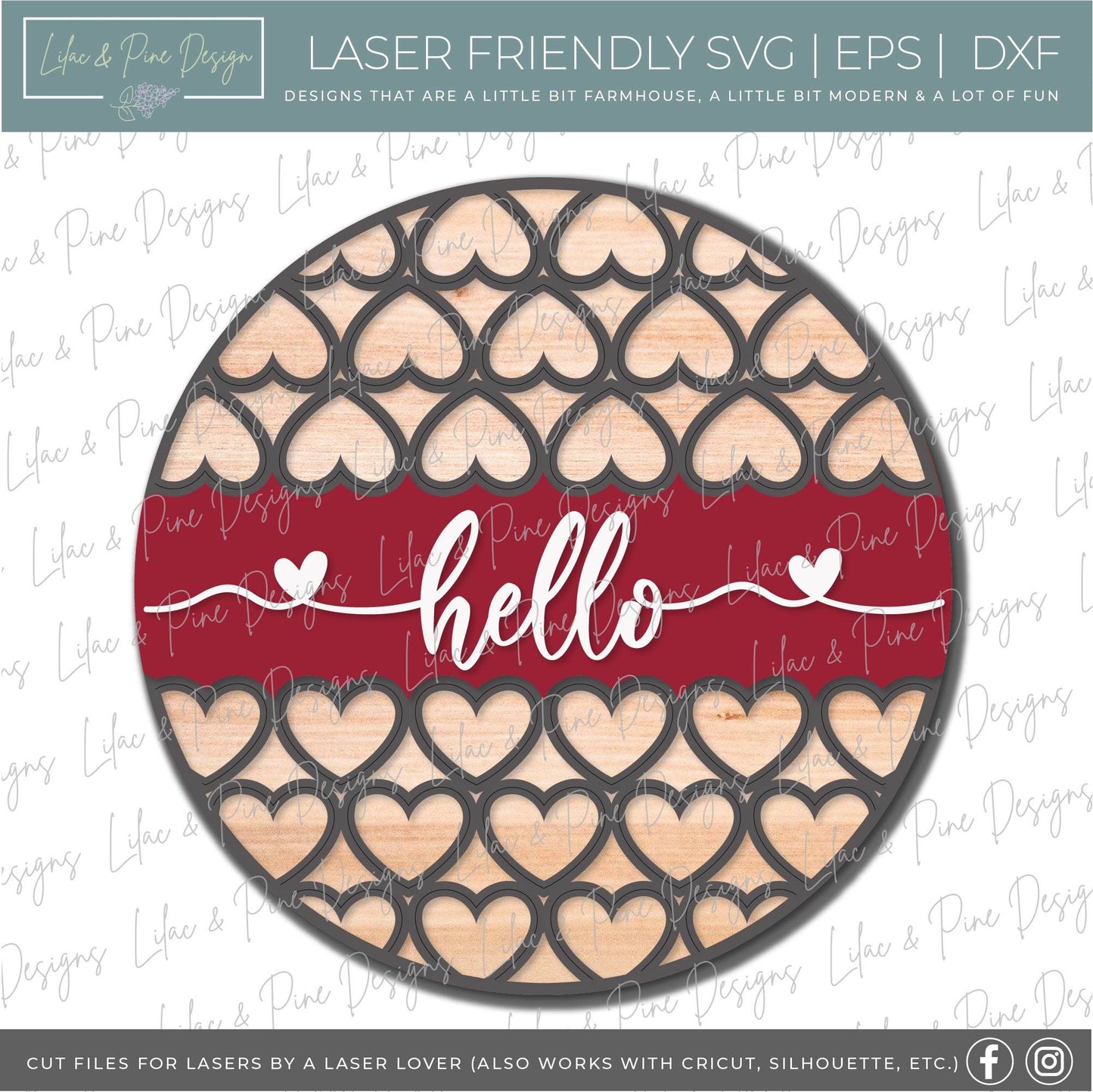 hello Valentine sign SVG, Valentine Welcome door hanger, heart pattern door round SVG, Valentines Day decor, Glowforge file, laser svg