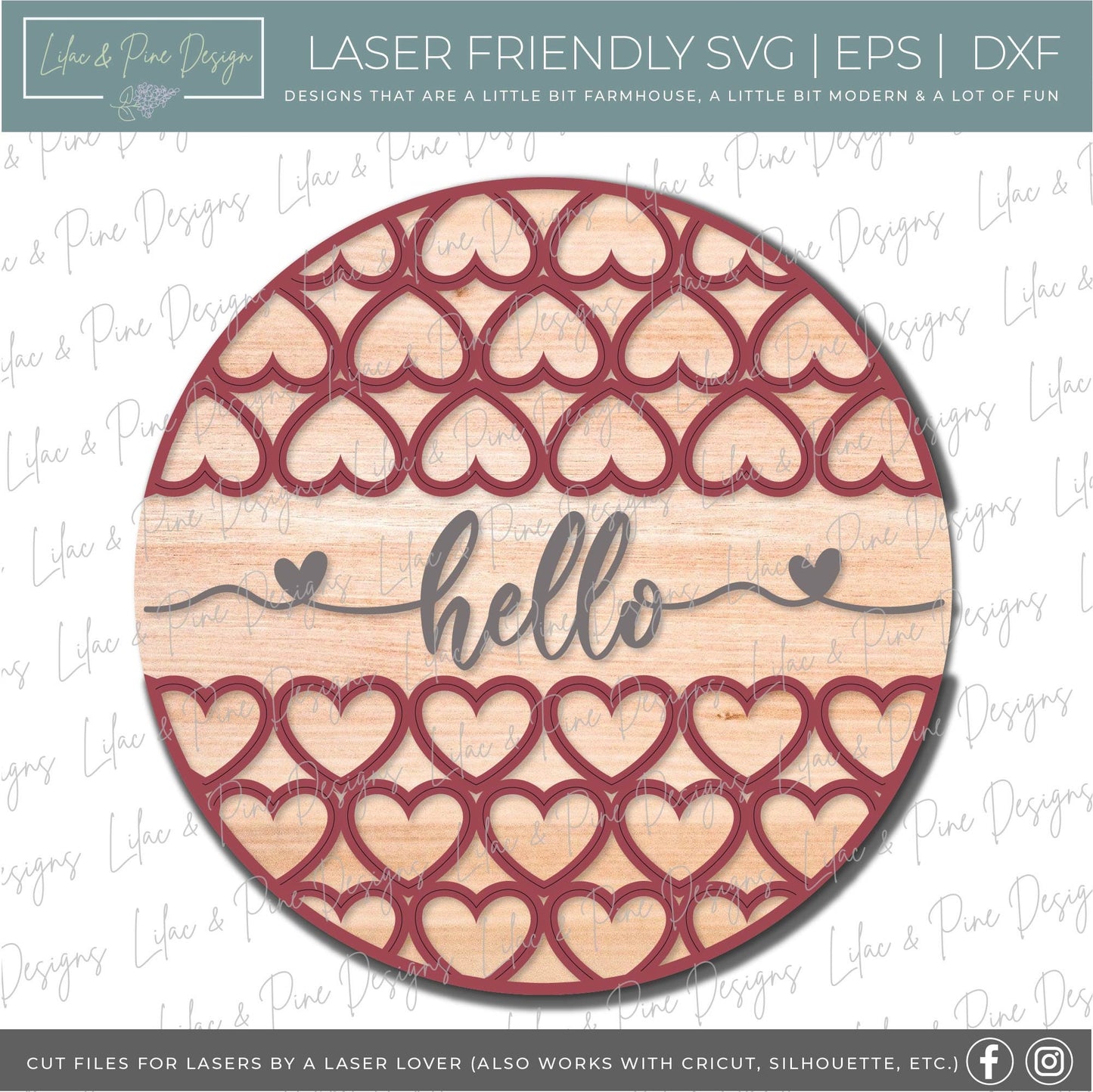 hello Valentine sign SVG, Valentine Welcome door hanger, heart pattern door round SVG, Valentines Day decor, Glowforge file, laser svg