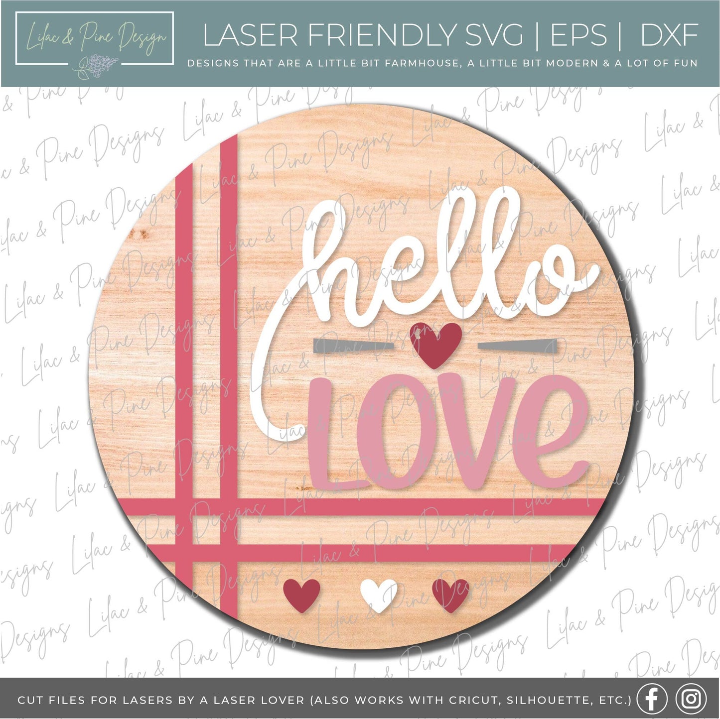 hello love sign SVG, Valentine door hanger, Valentines Day Welcome door round SVG, Valentines Day farmhouse decor, Glowforge file, laser svg