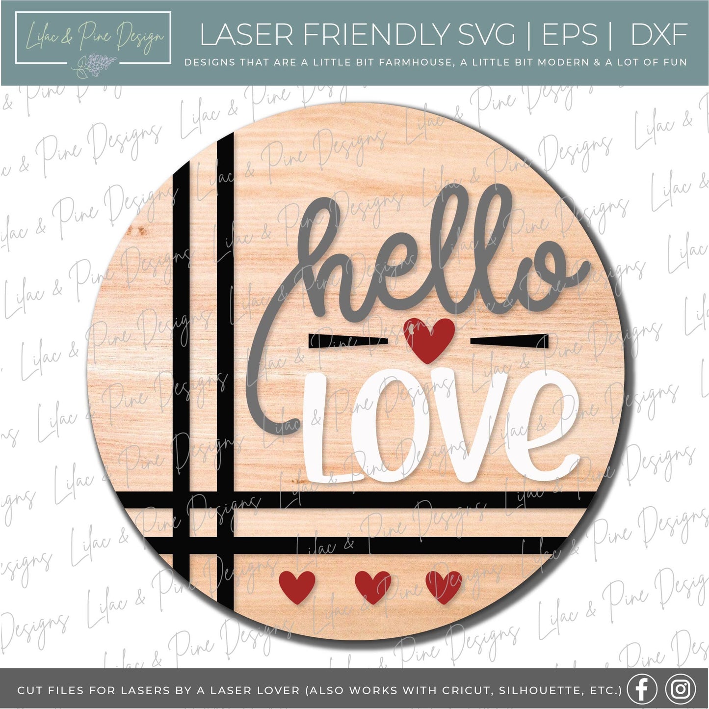 hello love sign SVG, Valentine door hanger, Valentines Day Welcome door round SVG, Valentines Day farmhouse decor, Glowforge file, laser svg