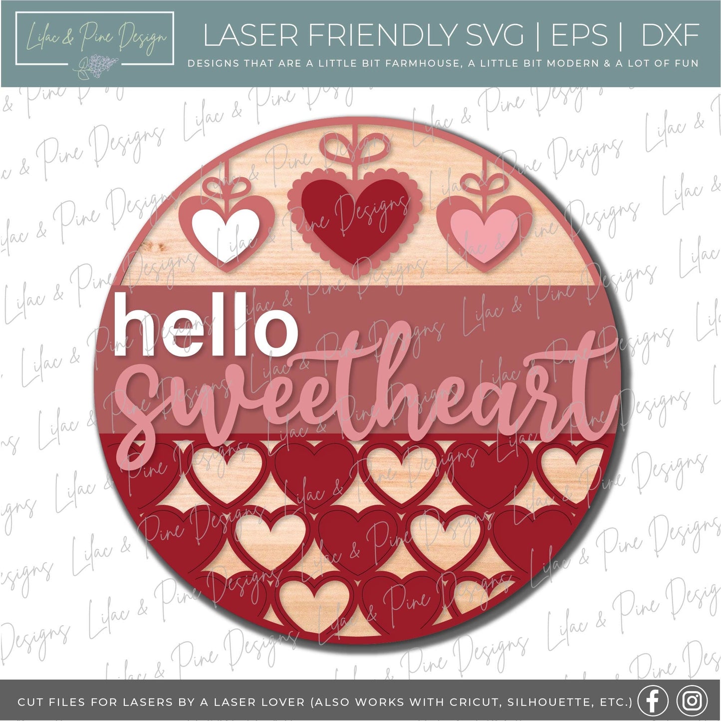 hello sweetheart SVG, Valentine door hanger, Valentines Day Welcome door round SVG, Valentines farmhouse decor, Glowforge file, laser svg