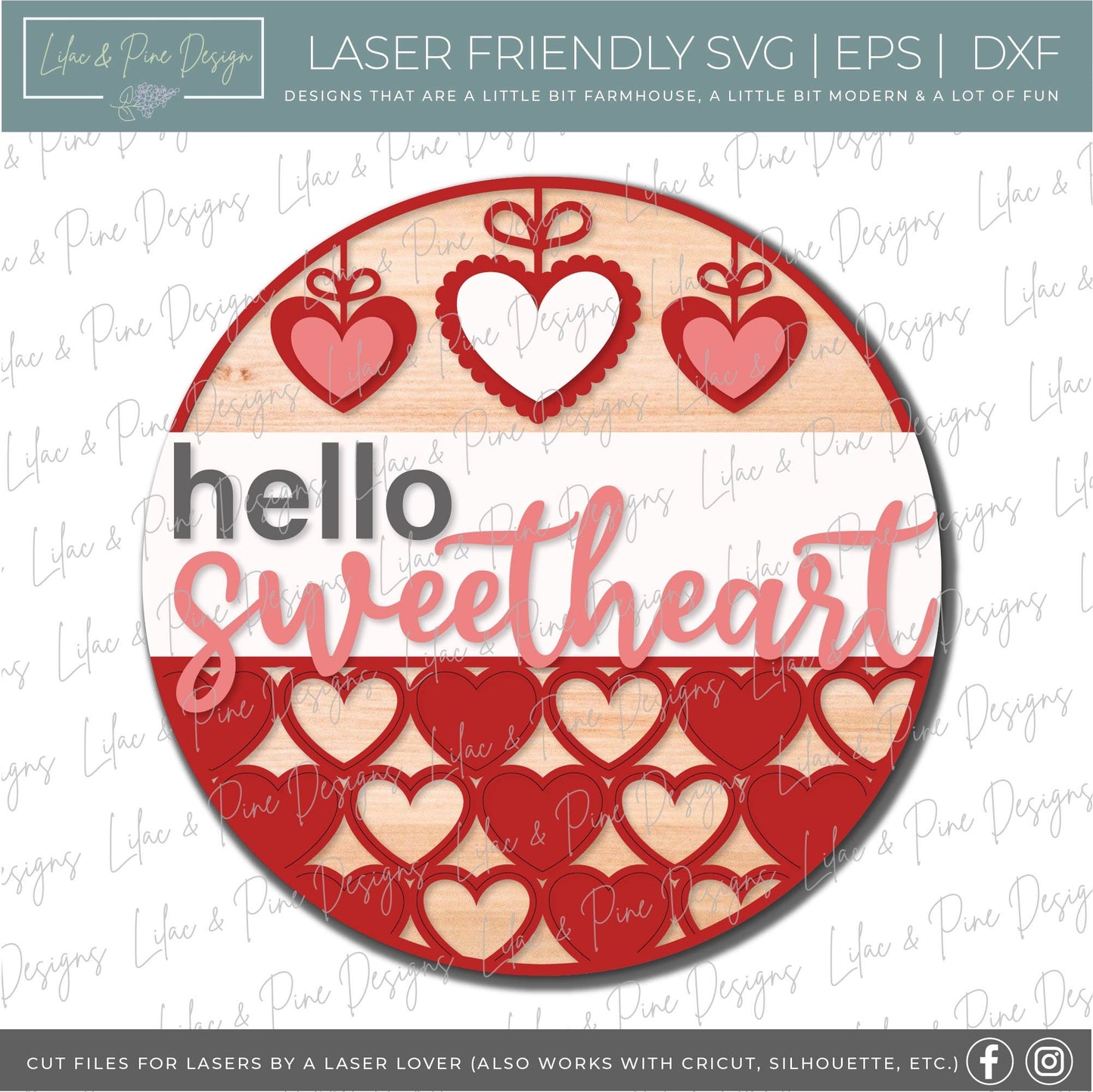hello sweetheart SVG, Valentine door hanger, Valentines Day Welcome door round SVG, Valentines farmhouse decor, Glowforge file, laser svg