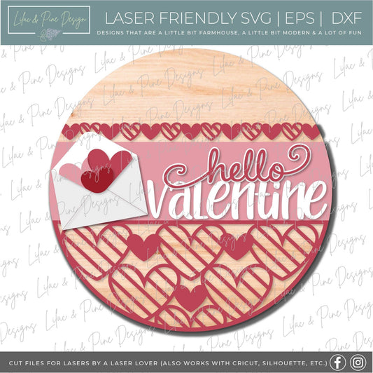 hello Valentine sign SVG, Valentine door hanger, Valentine envelope svg, heart SVG, Valentine door decor, Glowforge file, laser svg