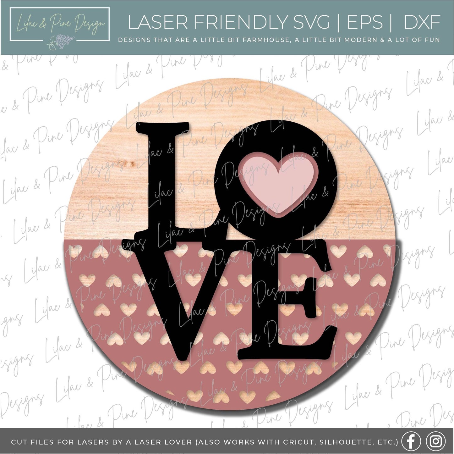 Love sign SVG, Valentine door hanger, Valentines Day decor SVG, heart SVG, love decor, heart patterned round, Glowforge file, laser svg