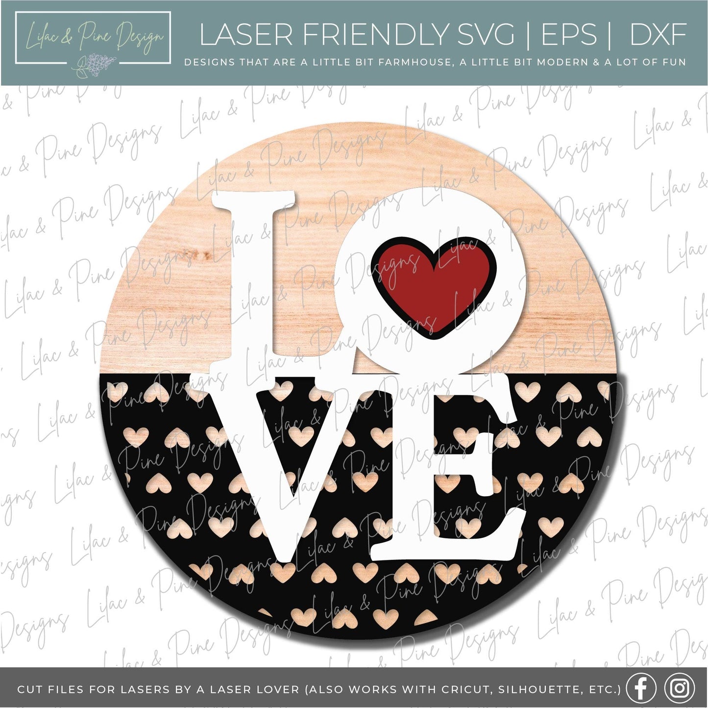 Love sign SVG, Valentine door hanger, Valentines Day decor SVG, heart SVG, love decor, heart patterned round, Glowforge file, laser svg
