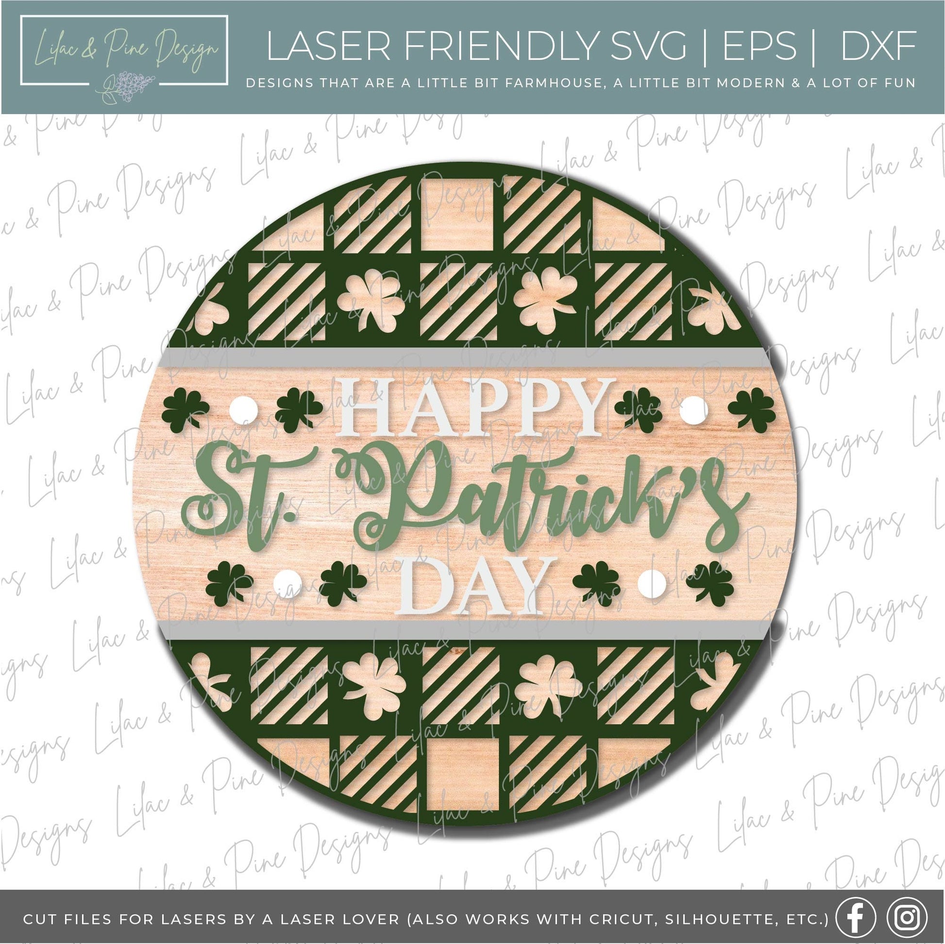 Happy St Patricks Day door hanger, shamrock door hanger, buffalo plaid round sign, shamrock SVG, St Paddy decor, Glowforge file, laser svg