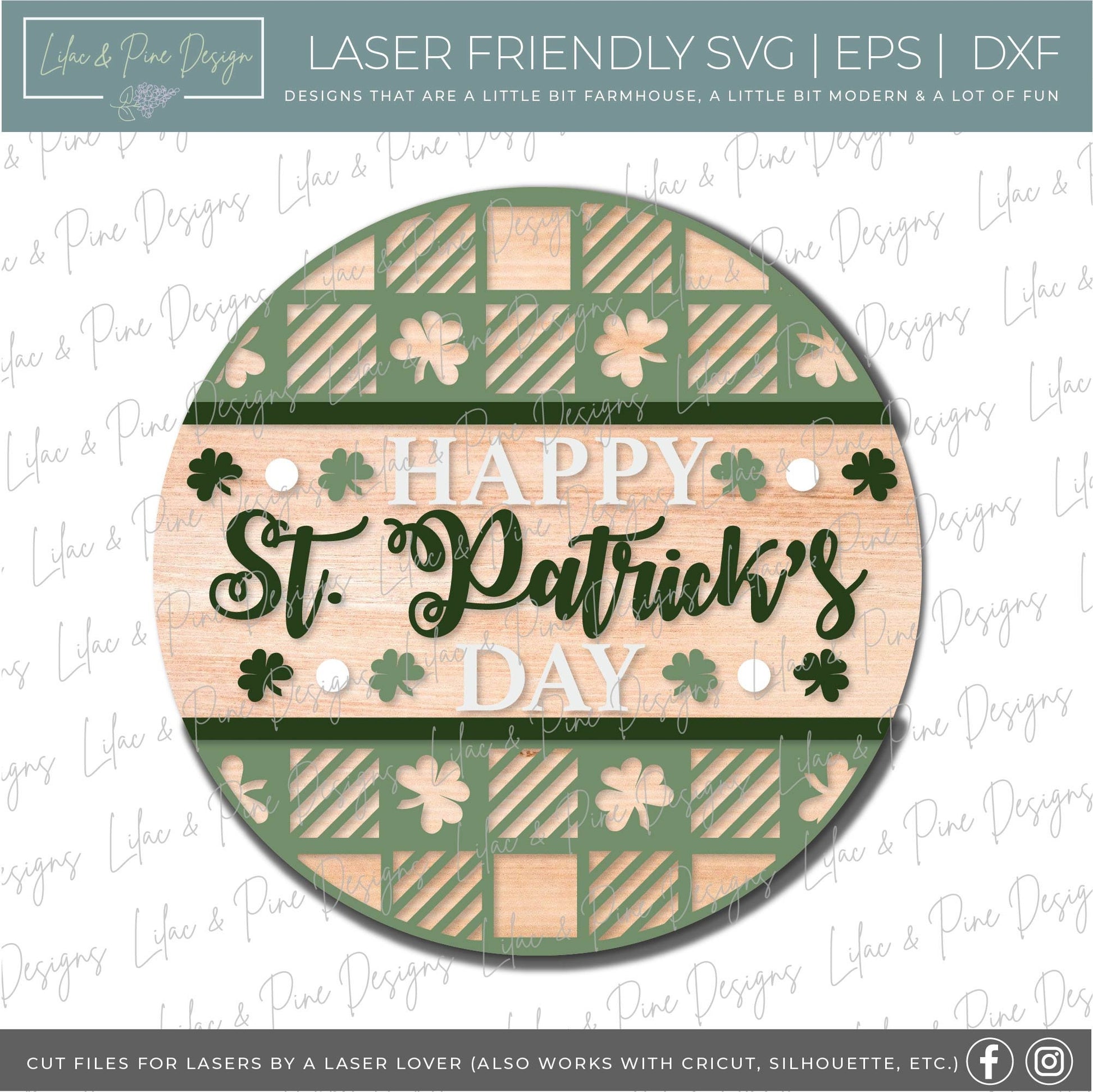 Happy St Patricks Day door hanger, shamrock door hanger, buffalo plaid round sign, shamrock SVG, St Paddy decor, Glowforge file, laser svg
