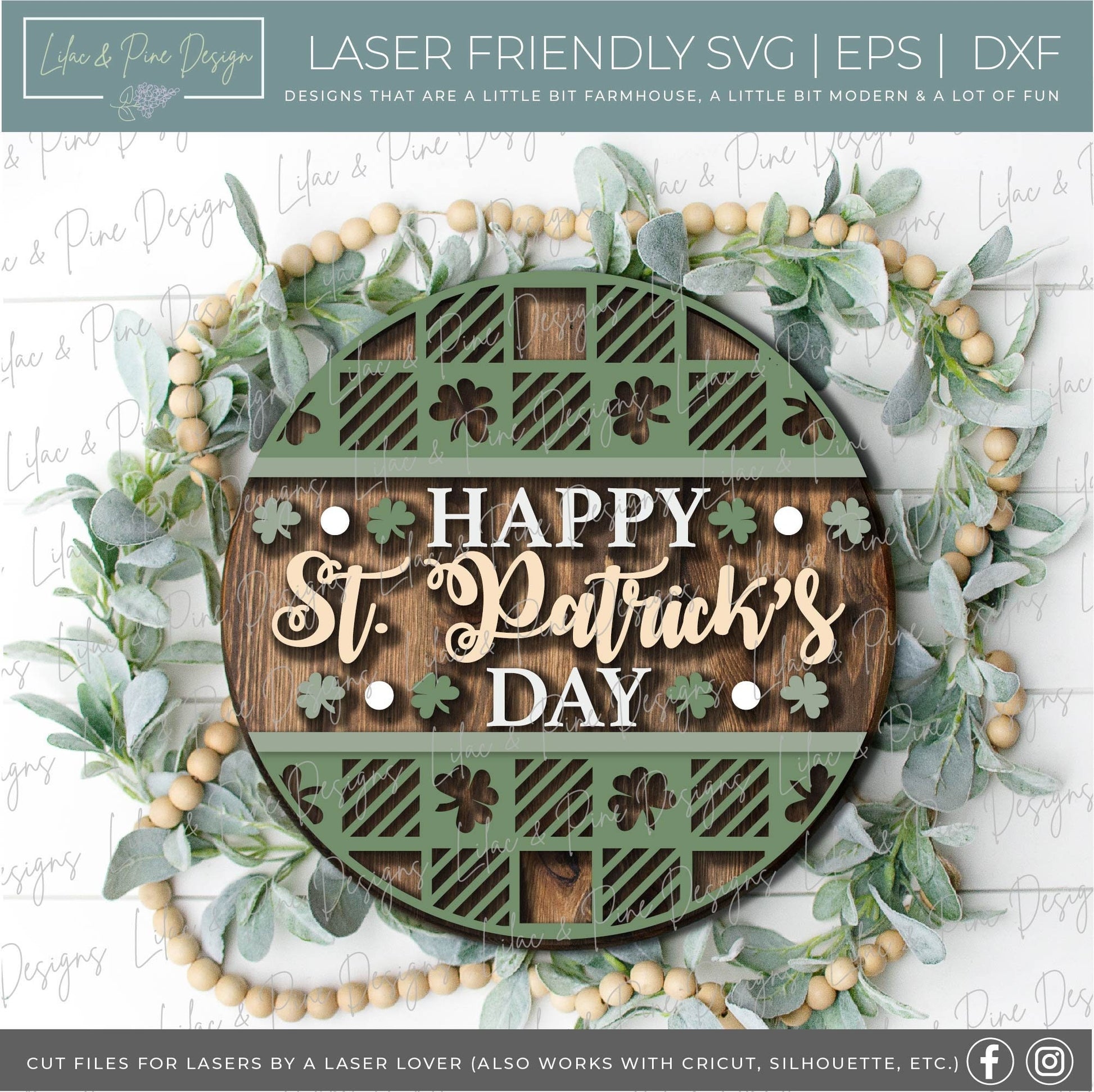 Happy St Patricks Day door hanger, shamrock door hanger, buffalo plaid round sign, shamrock SVG, St Paddy decor, Glowforge file, laser svg