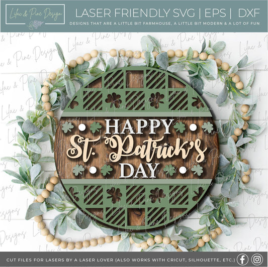 Happy St Patricks Day door hanger, shamrock door hanger, buffalo plaid round sign, shamrock SVG, St Paddy decor, Glowforge file, laser svg