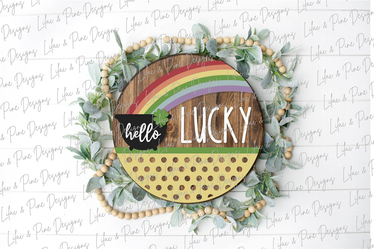 Hello Lucky door hanger SVG, St Patricks Day round welcome sign, pot of gold sign, shamrock SVG, St Paddy decor, Glowforge file, laser svg
