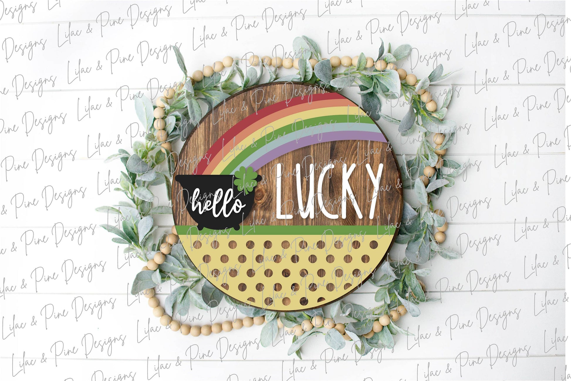 Hello Lucky door hanger SVG, St Patricks Day round welcome sign, pot of gold sign, shamrock SVG, St Paddy decor, Glowforge file, laser svg