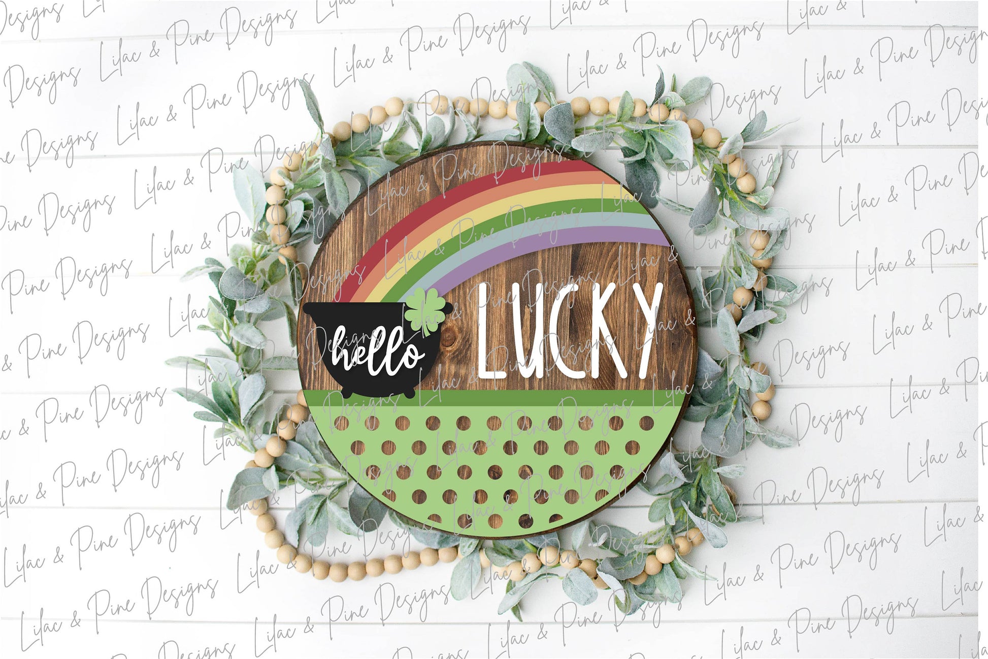 Hello Lucky door hanger SVG, St Patricks Day round welcome sign, pot of gold sign, shamrock SVG, St Paddy decor, Glowforge file, laser svg