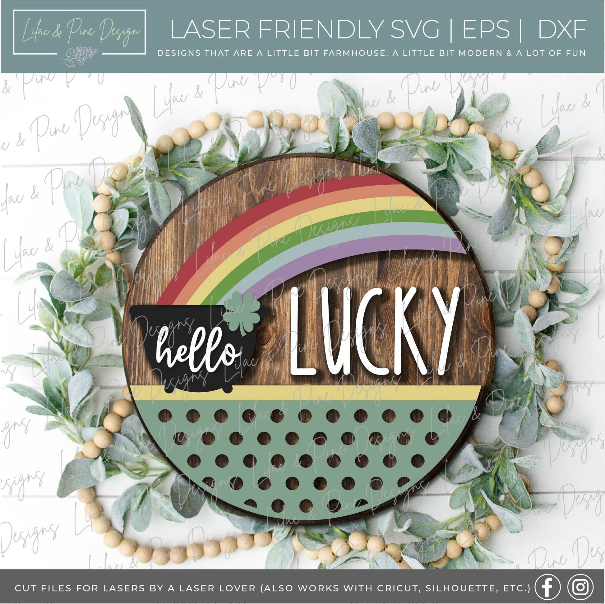 Hello Lucky door hanger SVG, St Patricks Day round welcome sign, pot of gold sign, shamrock SVG, St Paddy decor, Glowforge file, laser svg