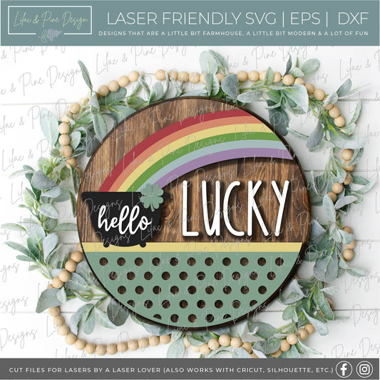 Hello Lucky door hanger SVG, St Patricks Day round welcome sign, pot of gold sign, shamrock SVG, St Paddy decor, Glowforge file, laser svg