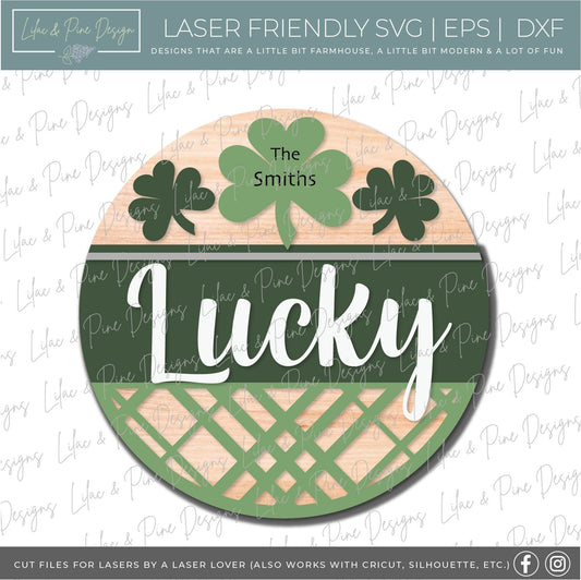 Lucky St Patrick Welcome door hanger SVG, personalized welcome SVG, Blessed St Paddy welcome sign, shamrock SVG, Glowforge file, laser svg