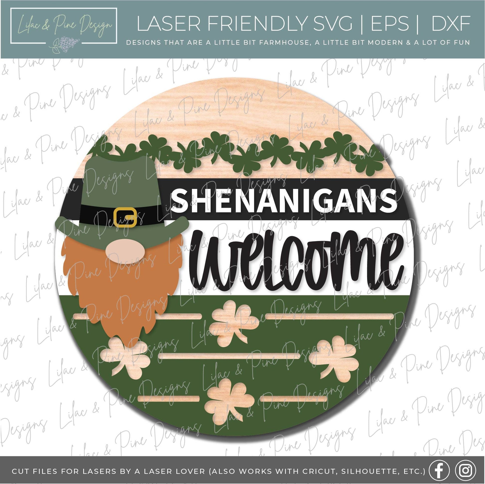 St Patrick Welcome door hanger SVG, Gnome Leprechaun SVG, Shenanigans Welcome sign, St Paddy svg, shamrock SVG, Glowforge file, laser svg