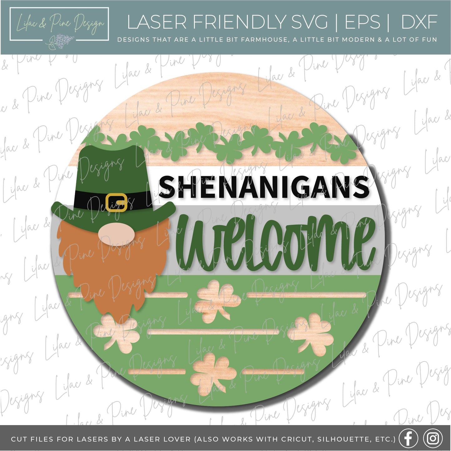 St Patrick Welcome door hanger SVG, Gnome Leprechaun SVG, Shenanigans Welcome sign, St Paddy svg, shamrock SVG, Glowforge file, laser svg