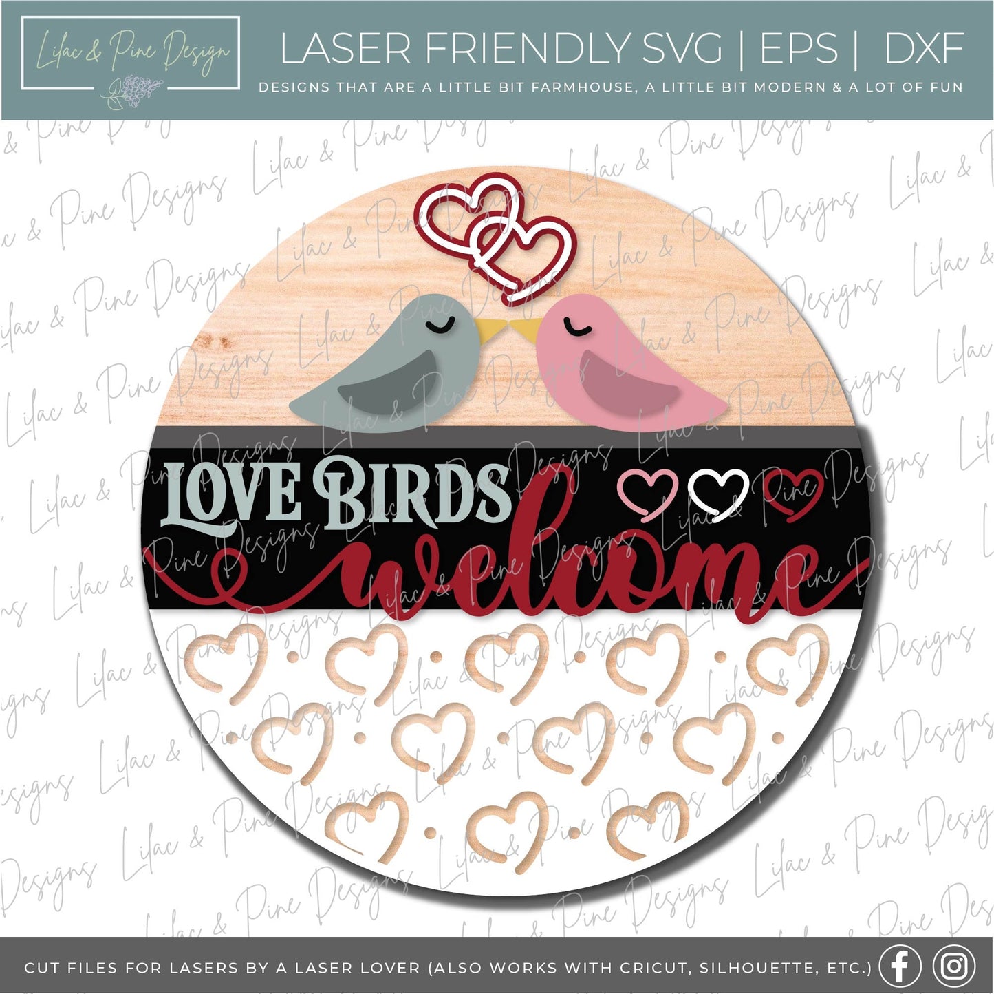 Love Birds Welcome sign SVG, Valentine door hanger, bird door round svg, heart pattern, Valentine door decor, Glowforge file, laser svg