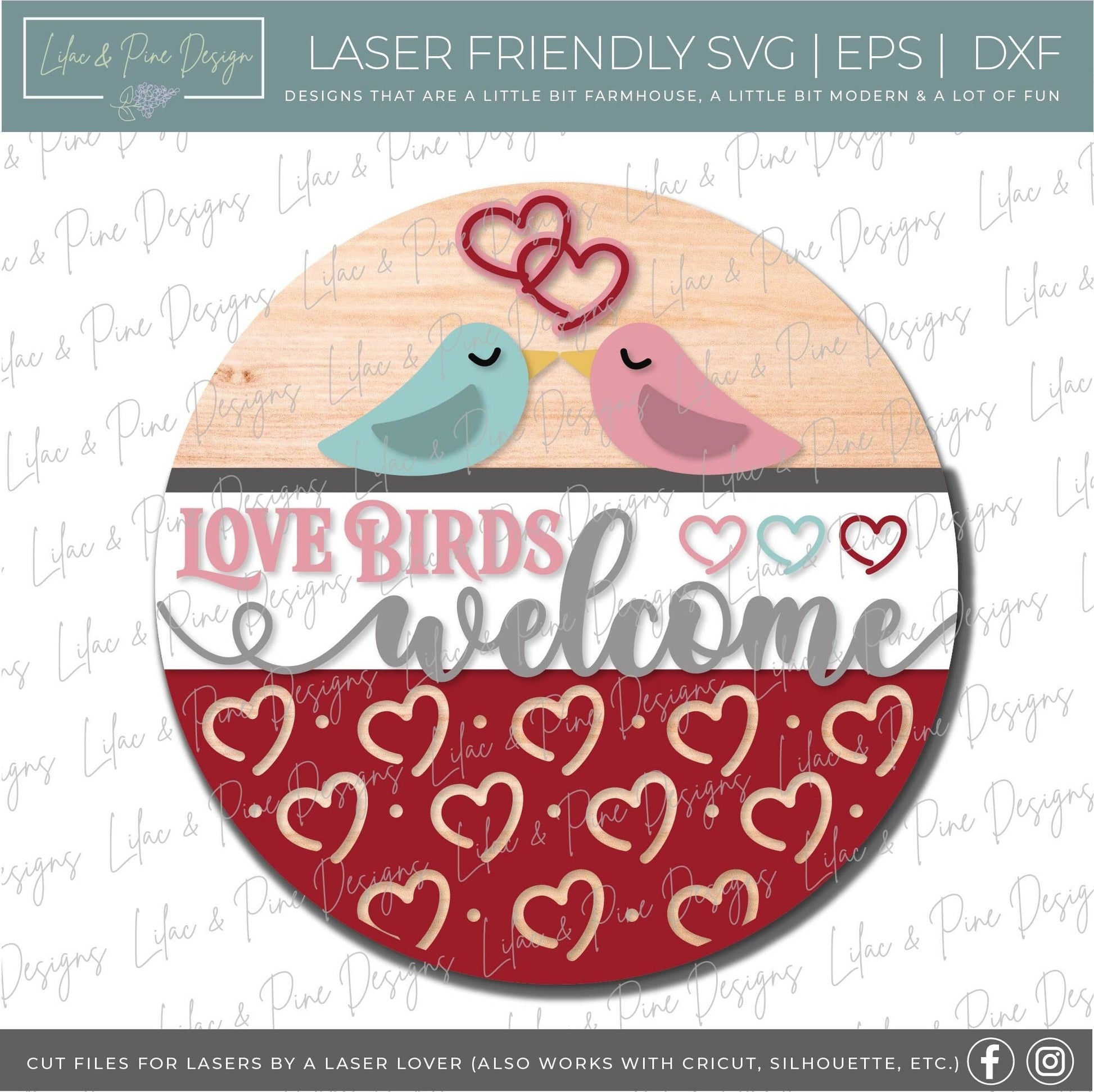 Love Birds Welcome sign SVG, Valentine door hanger, bird door round svg, heart pattern, Valentine door decor, Glowforge file, laser svg