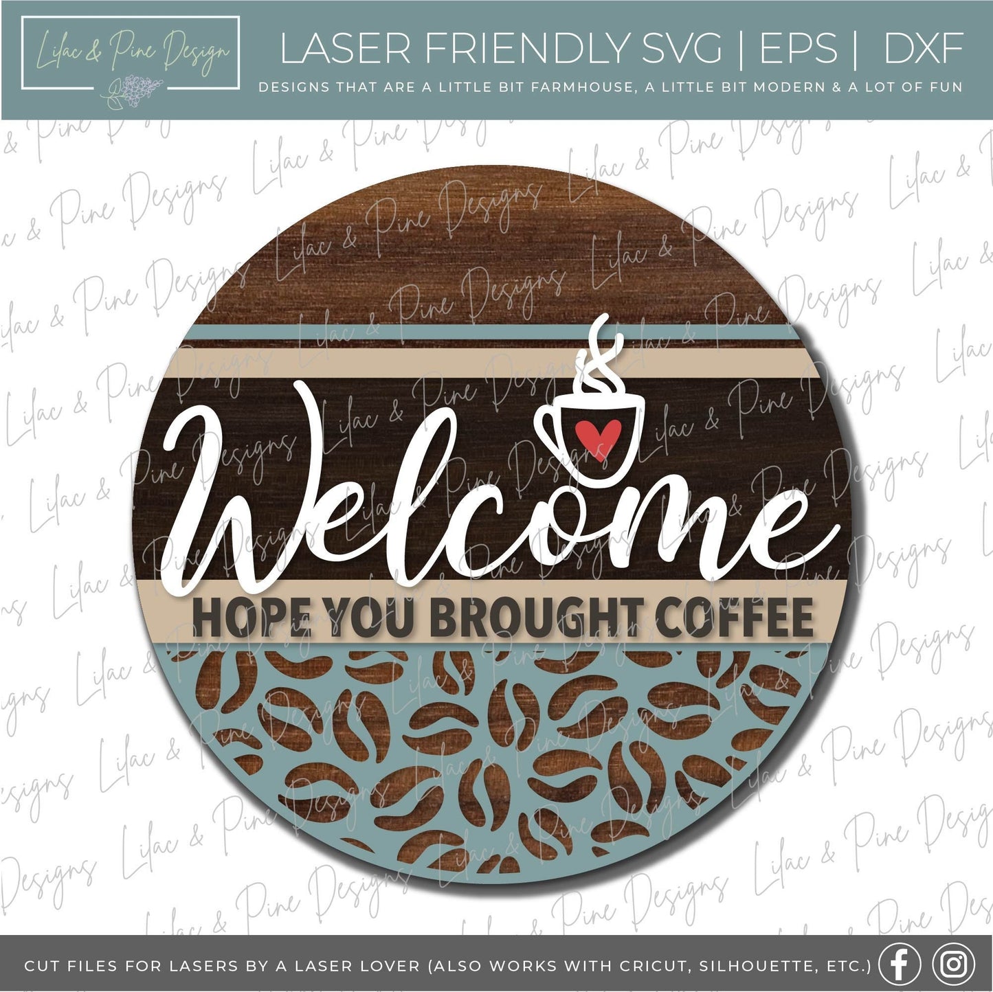 Welcome Coffee sign SVG, Welcome door hanger, Coffee door round svg, coffee bean pattern, Everyday porch decor, Glowforge file, laser svg