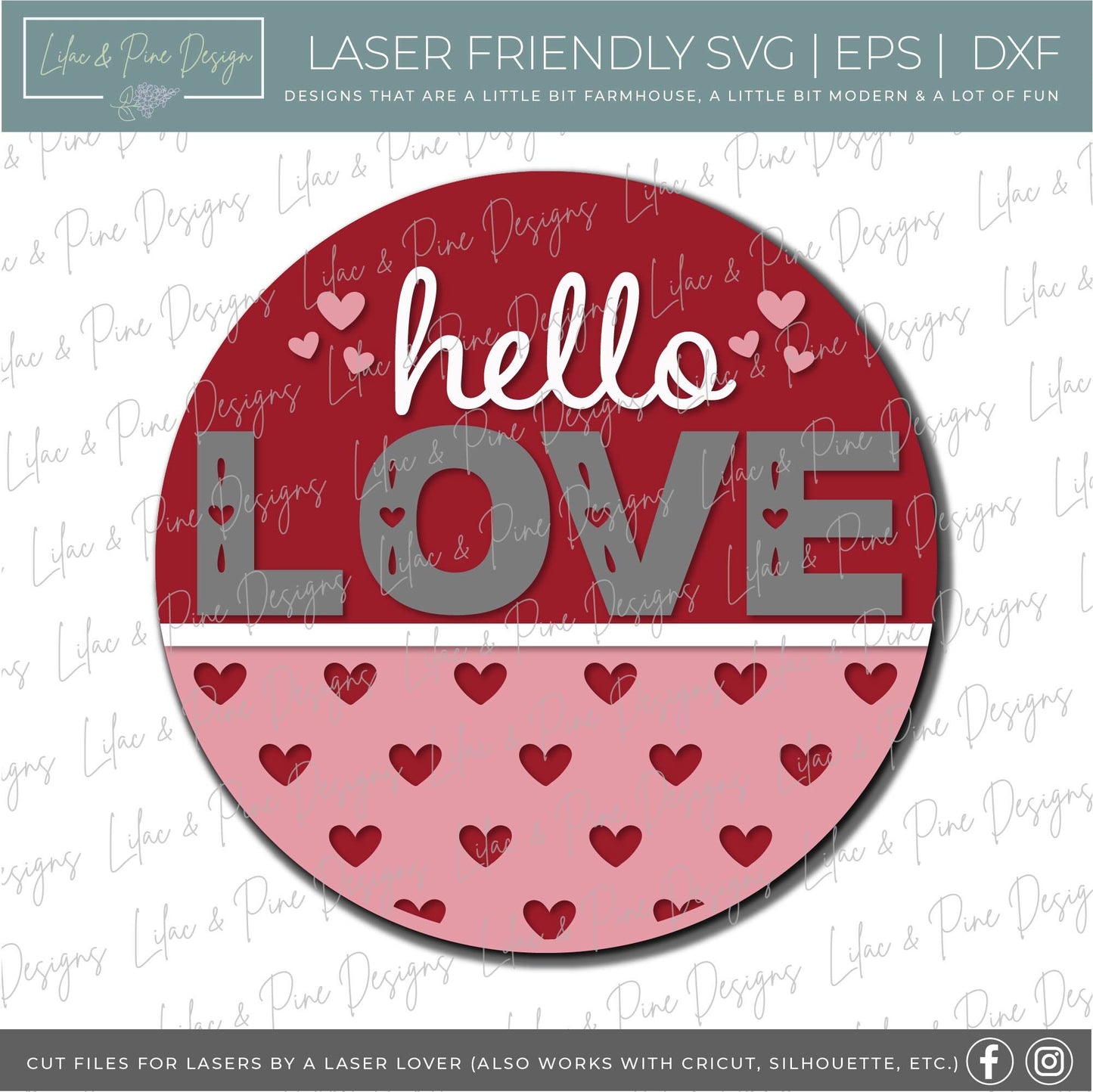 Hello Love door hanger SVG, Valentine door hanger, Love sign svg, heart patterned door round, Valentine decor, Glowforge Svg, laser cut file