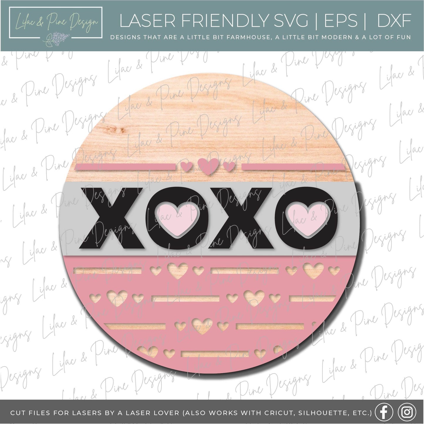 XOXO round sign SVG, Valentine door hanger, hugs and kisses door round svg, heart pattern, Valentine decor, Glowforge file, laser svg