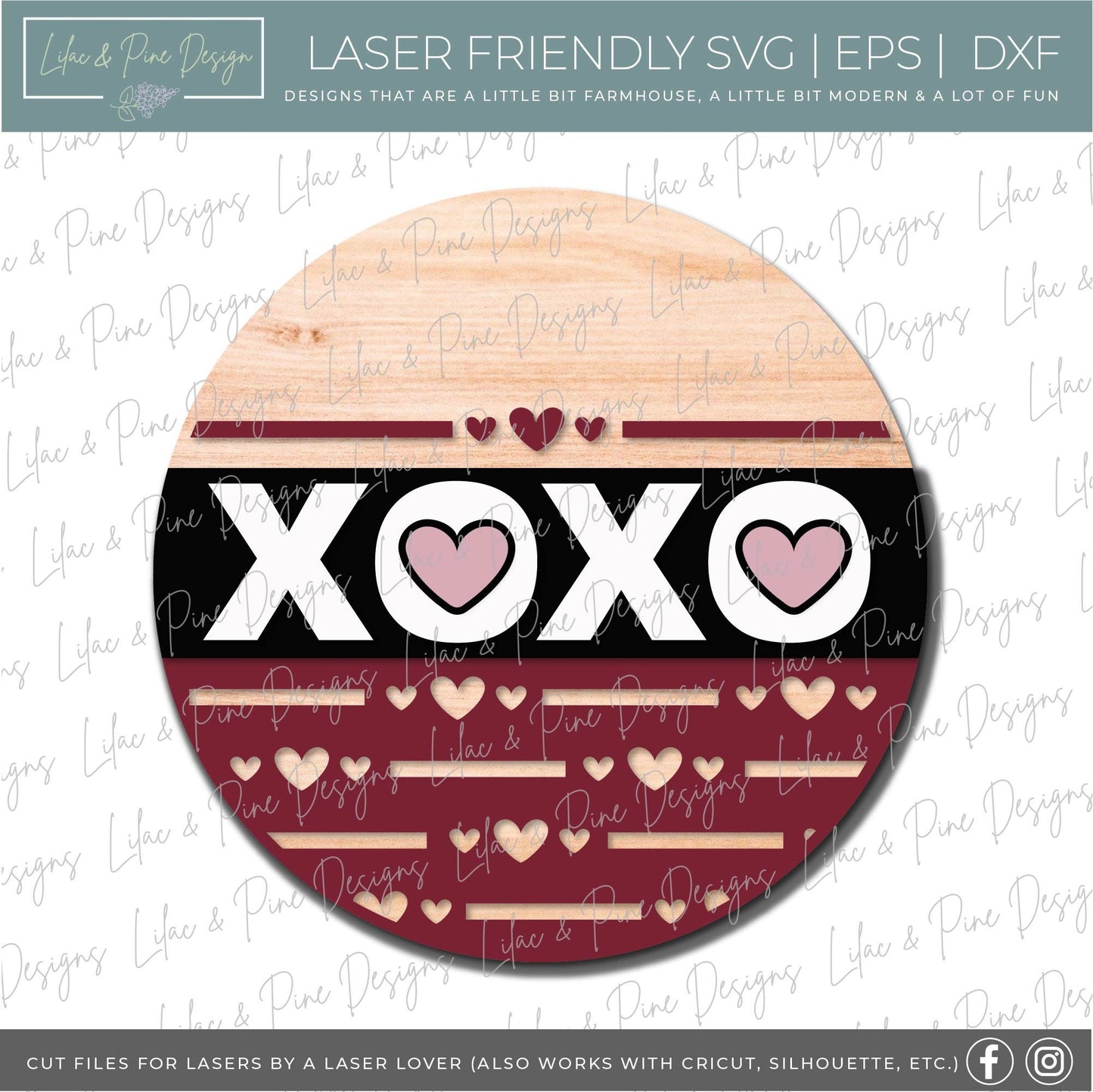 XOXO round sign SVG, Valentine door hanger, hugs and kisses door round svg, heart pattern, Valentine decor, Glowforge file, laser svg