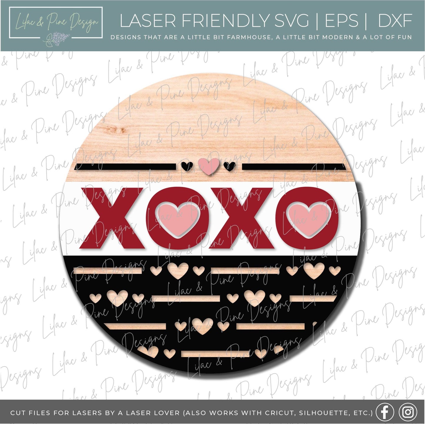 XOXO round sign SVG, Valentine door hanger, hugs and kisses door round svg, heart pattern, Valentine decor, Glowforge file, laser svg