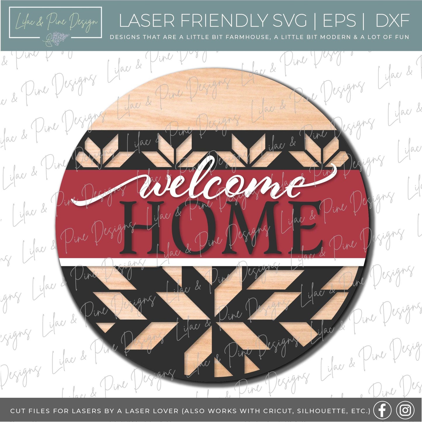Welcome home Barn quilt door hanger, Welcome SVG, Boho Home door round, barn quilt sign, boho SVG, farmhouse svg, Glowforge file, laser svg