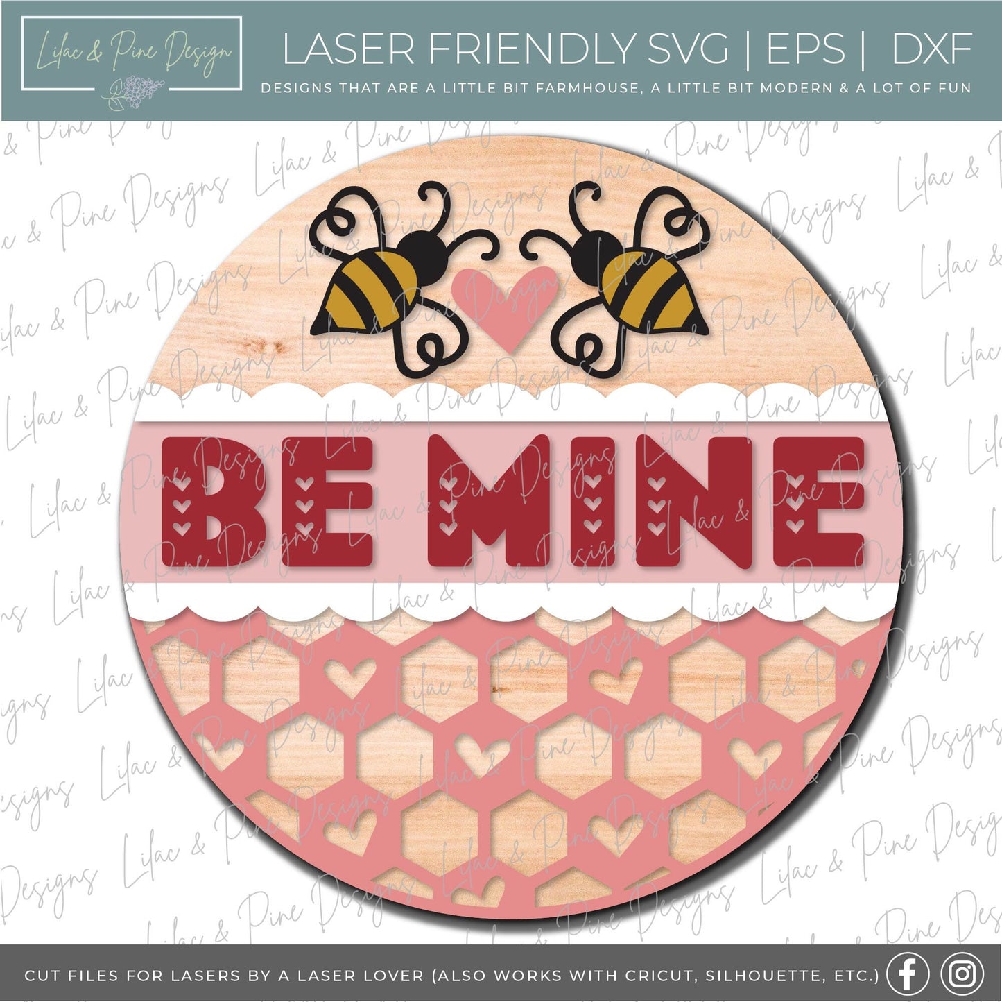 Be Mine Bee door hanger, Valentine door hanger svg, Valentines Day Welcome round SVG, Bee SVG, honeycomb SVG, Glowforge file, laser svg