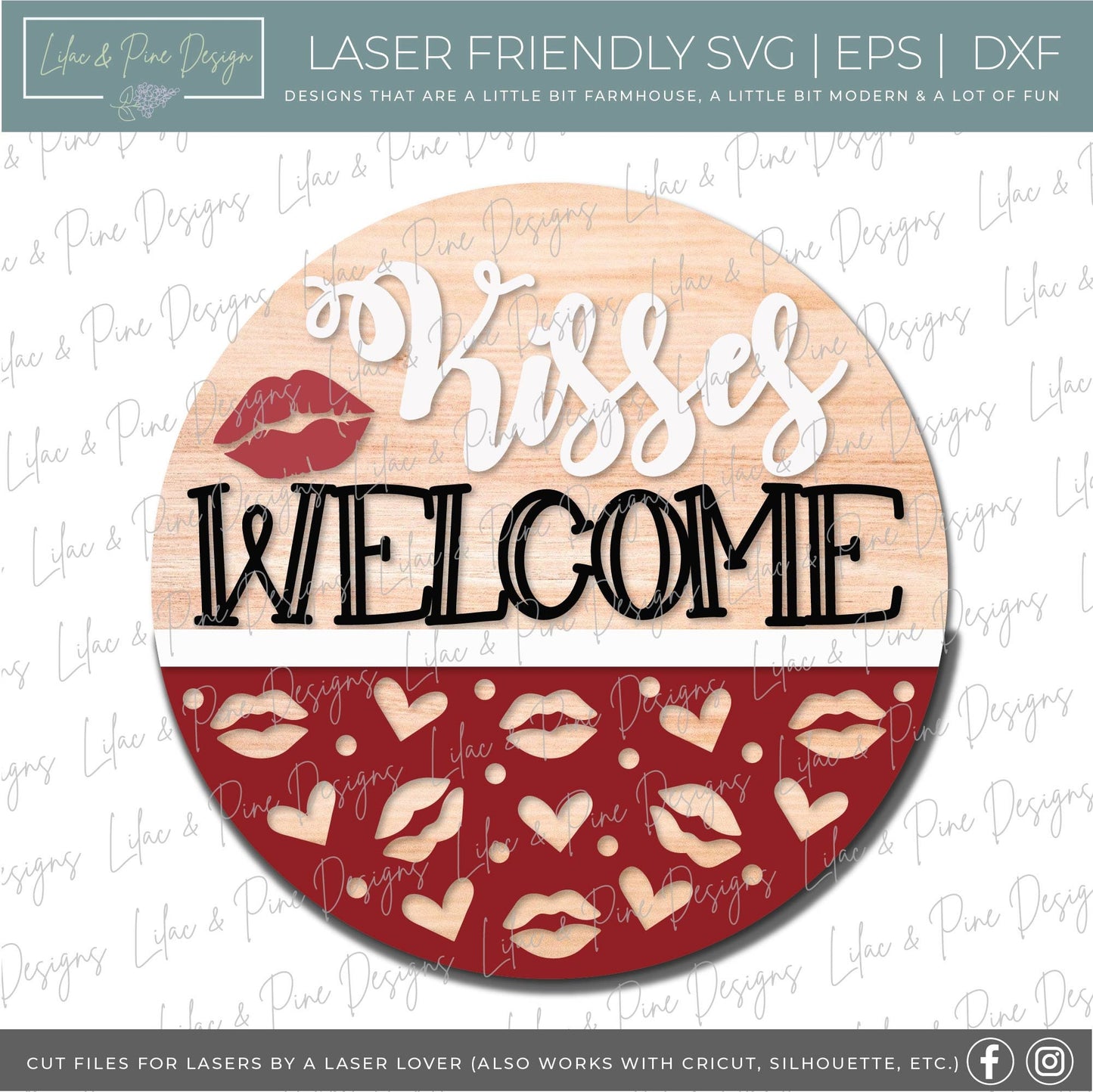 Kisses Welcome door hanger, Lipstick and hearts Welcome sign SVG, Valentine sign SVG, Valentines Day decor SVG, Glowforge file, laser svg