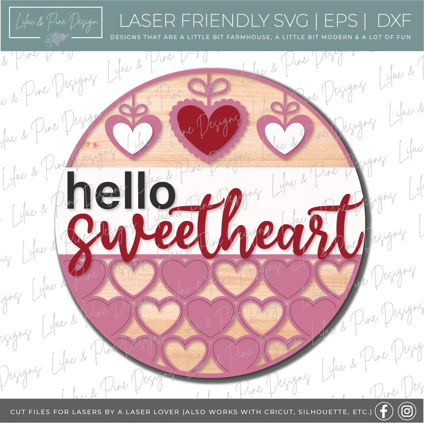 hello sweetheart SVG, Valentine door hanger, Valentines Day Welcome door round SVG, Valentines farmhouse decor, Glowforge file, laser svg
