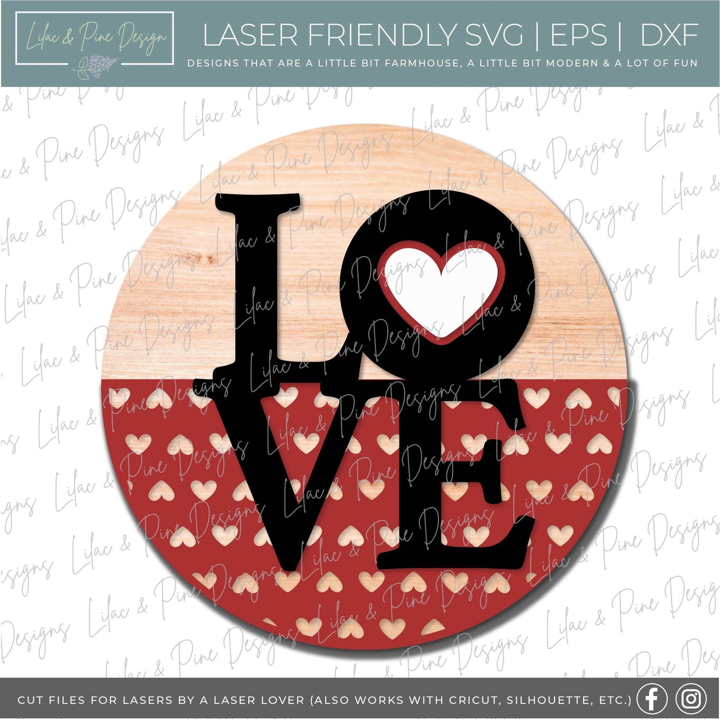 Love sign SVG, Valentine door hanger, Valentines Day decor SVG, heart SVG, love decor, heart patterned round, Glowforge file, laser svg