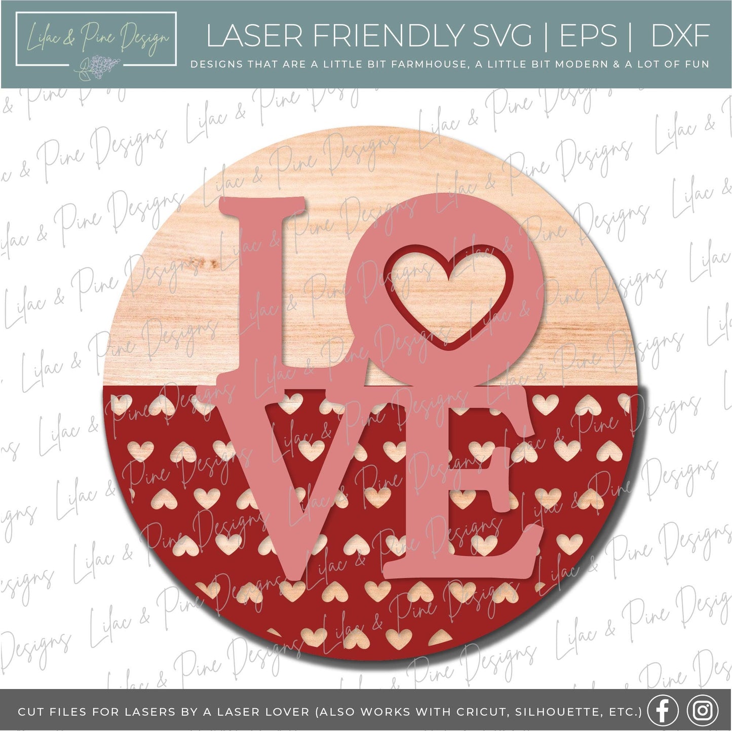 Love sign SVG, Valentine door hanger, Valentines Day decor SVG, heart SVG, love decor, heart patterned round, Glowforge file, laser svg