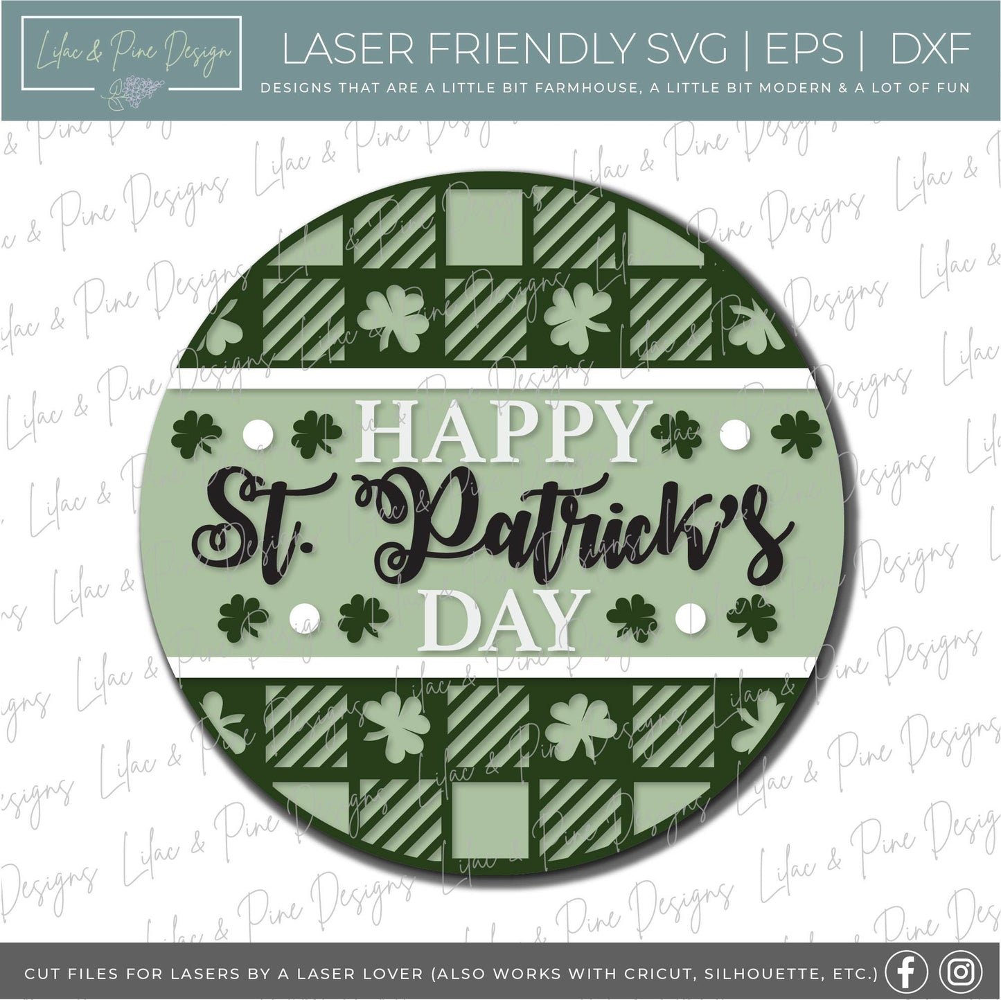 Happy St Patricks Day door hanger, shamrock door hanger, buffalo plaid round sign, shamrock SVG, St Paddy decor, Glowforge file, laser svg