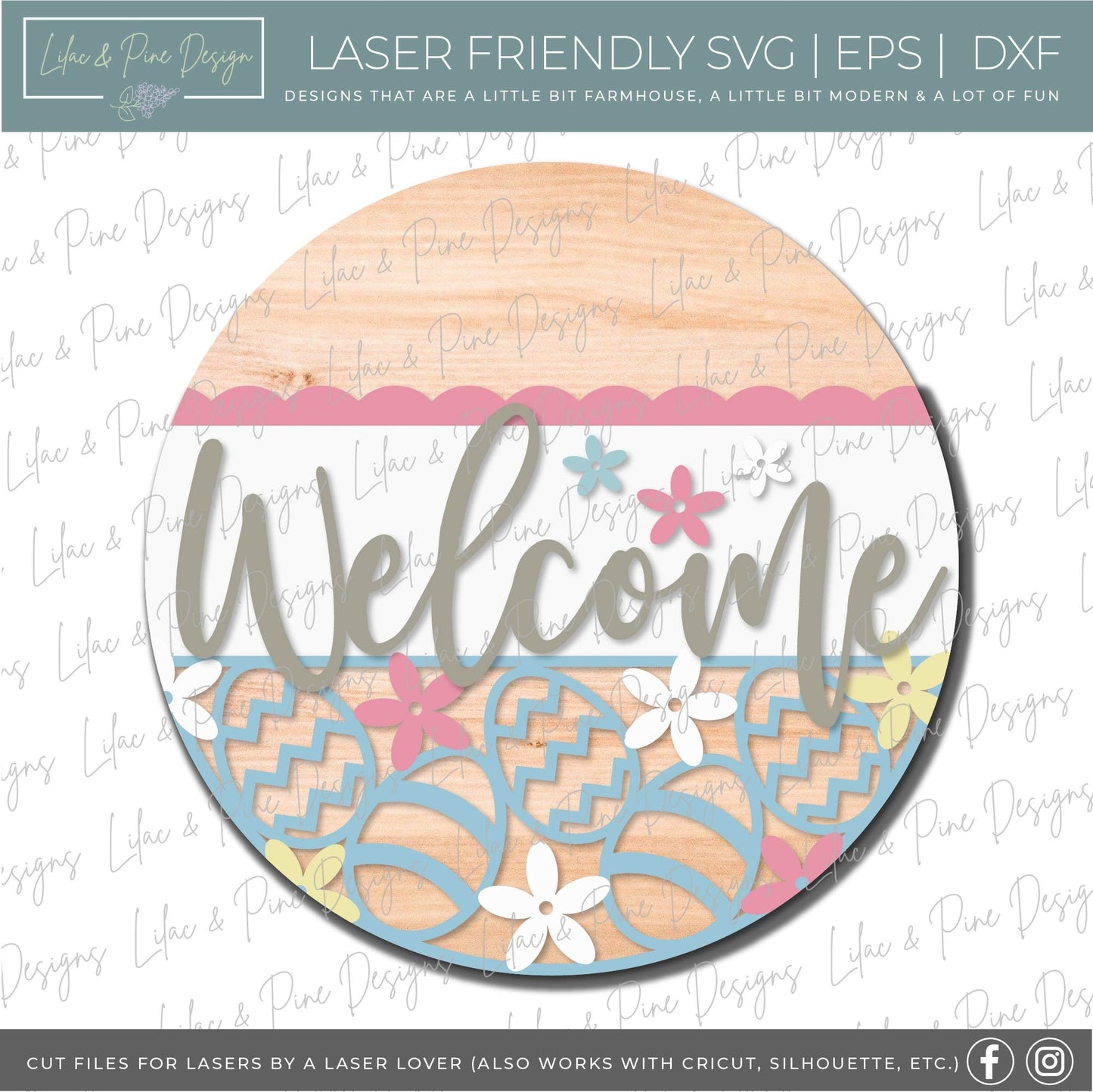 Welcome Easter round sign SVG, Easter egg door hanger, Easter Egg sign svg, Spring Welcome SVG, Easter decor, Glowforge Svg, laser cut file