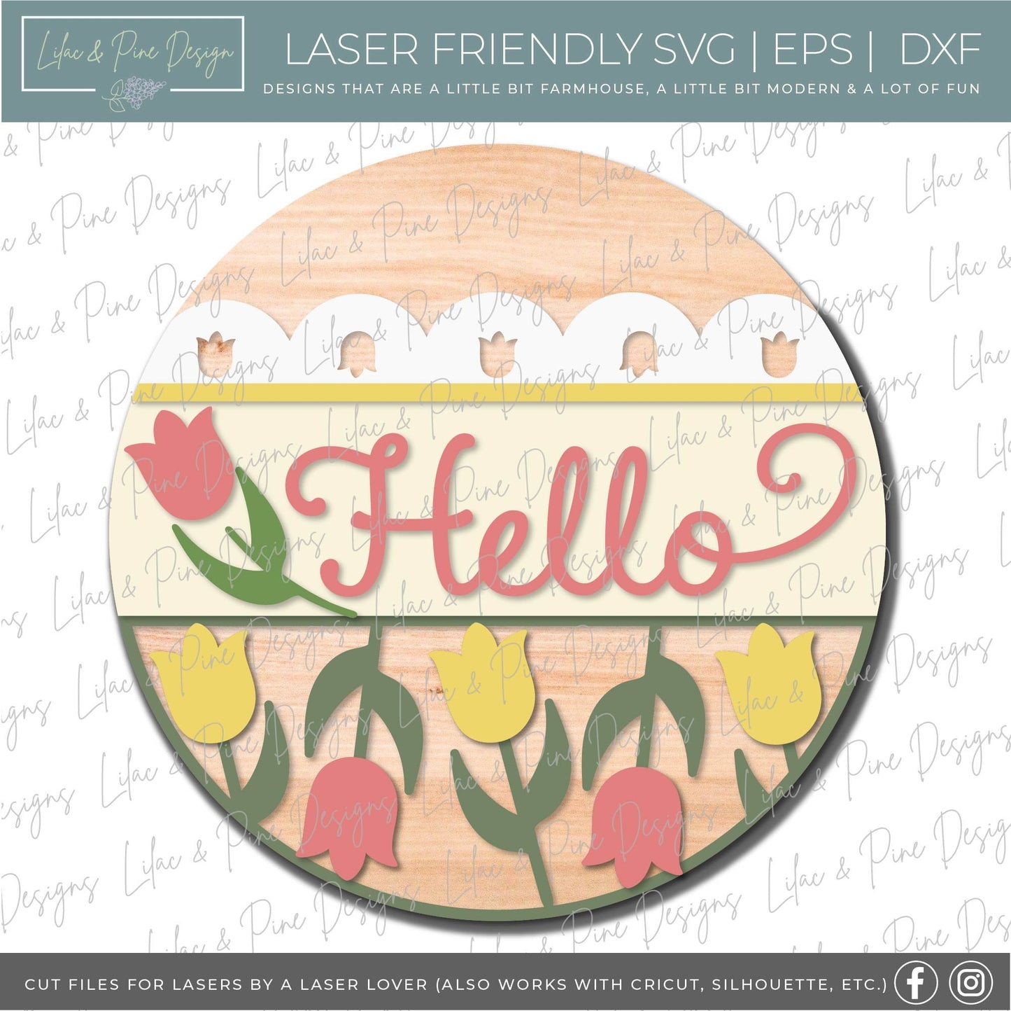 Hello Tulip door hanger SVG, Spring porch sign, Tulip svg, Spring Welcome SVG, Spring decor, door sign, Glowforge Svg, laser cut file