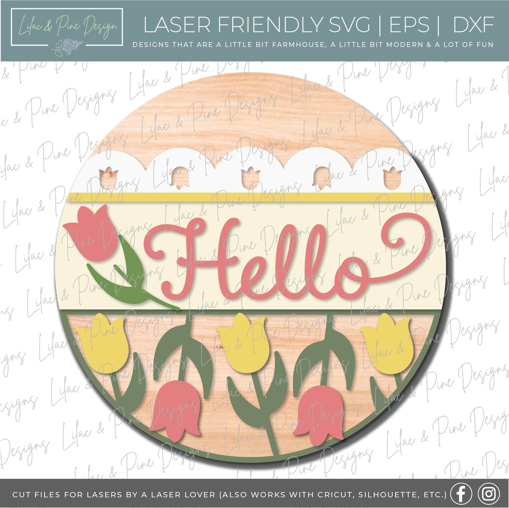 Hello Tulip door hanger SVG, Spring porch sign, Tulip svg, Spring Welcome SVG, Spring decor, door sign, Glowforge Svg, laser cut file