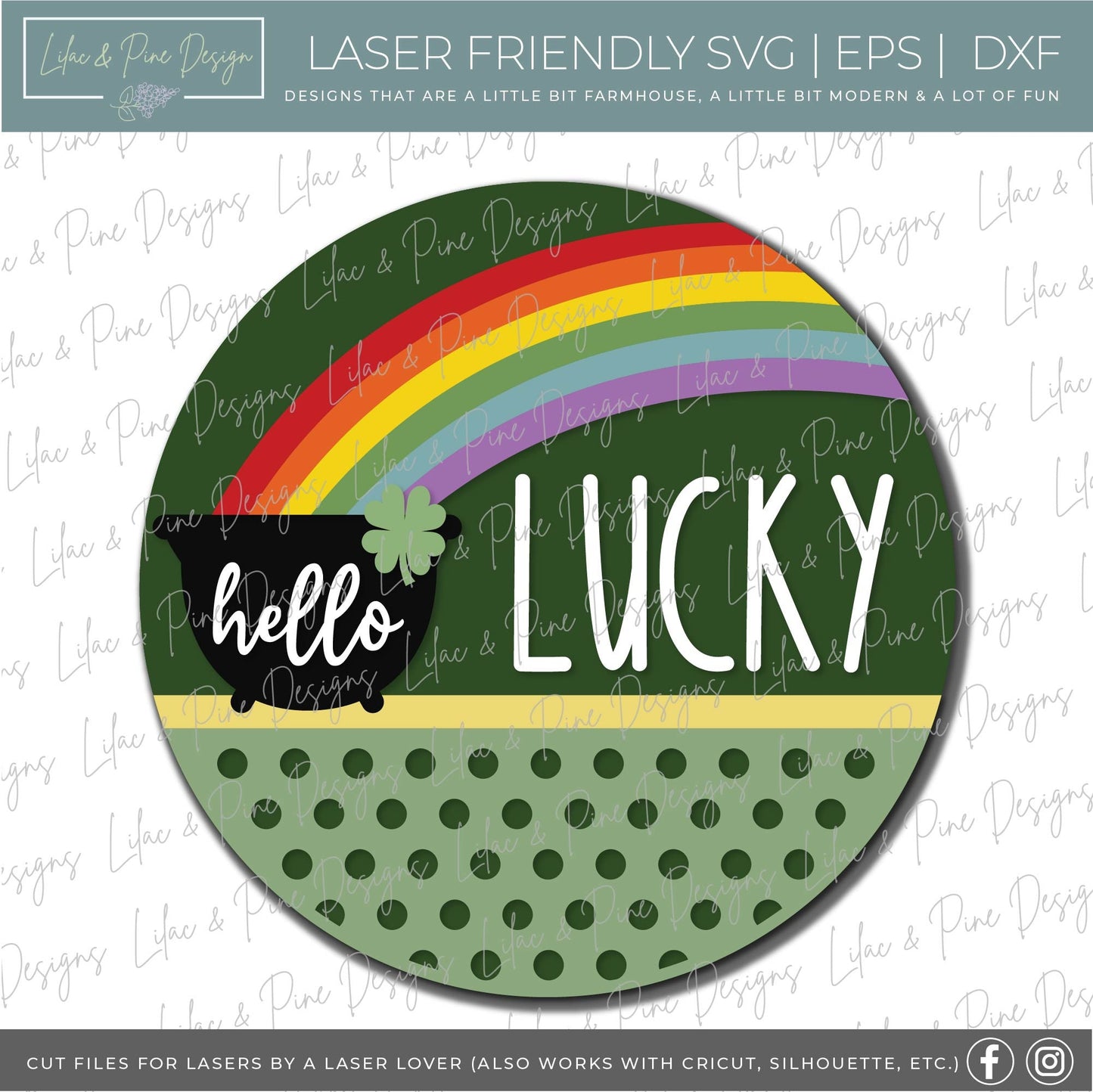 Hello Lucky door hanger SVG, St Patricks Day round welcome sign, pot of gold sign, shamrock SVG, St Paddy decor, Glowforge file, laser svg