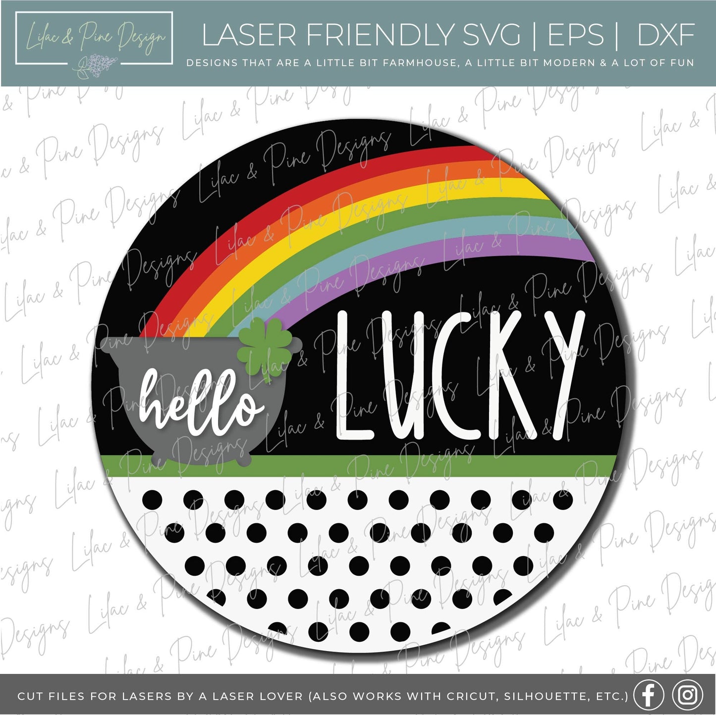 Hello Lucky door hanger SVG, St Patricks Day round welcome sign, pot of gold sign, shamrock SVG, St Paddy decor, Glowforge file, laser svg
