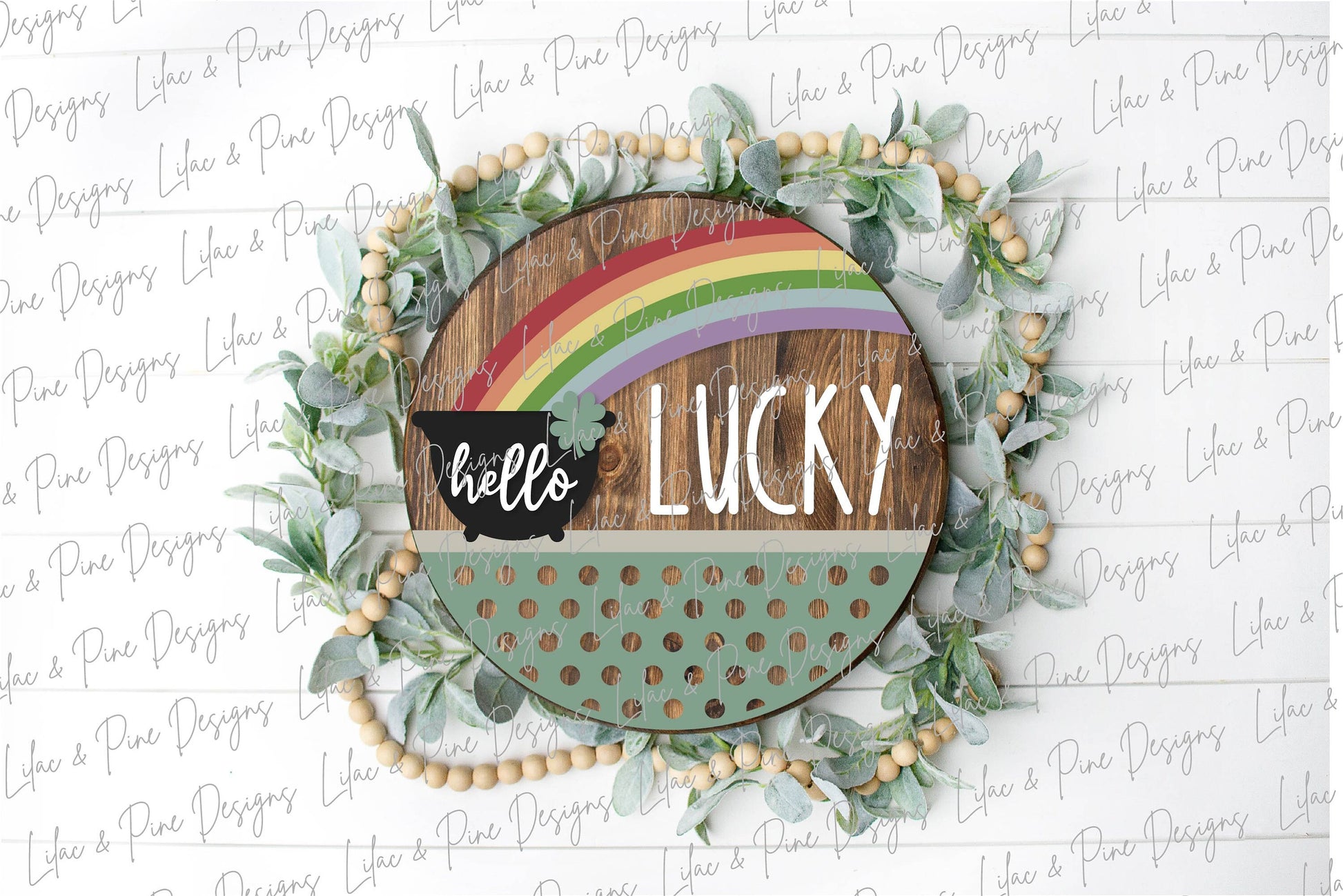 Hello Lucky door hanger SVG, St Patricks Day round welcome sign, pot of gold sign, shamrock SVG, St Paddy decor, Glowforge file, laser svg
