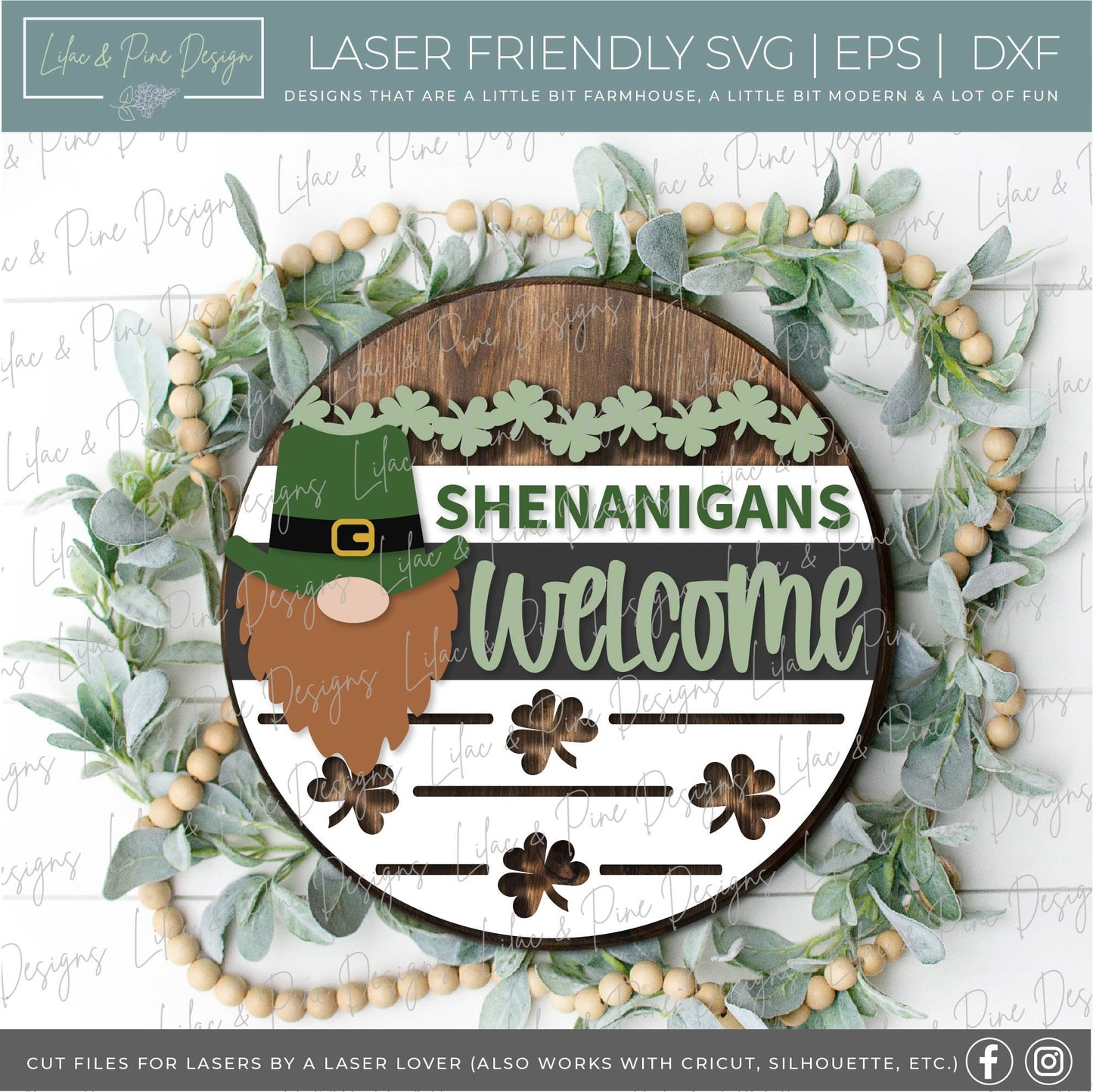 St Patrick Welcome door hanger SVG, Gnome Leprechaun SVG, Shenanigans Welcome sign, St Paddy svg, shamrock SVG, Glowforge file, laser svg