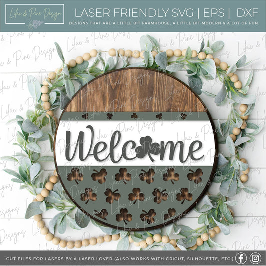 St Patricks Day Welcome door hanger, Shamrock Welcome SVG, St Paddy Welcome sign, St Patricks decor, clover SVG, Glowforge file, laser svg